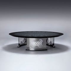 Modern Round Coffee Table Polished Stainless Steel Black Lacquer Black Glass