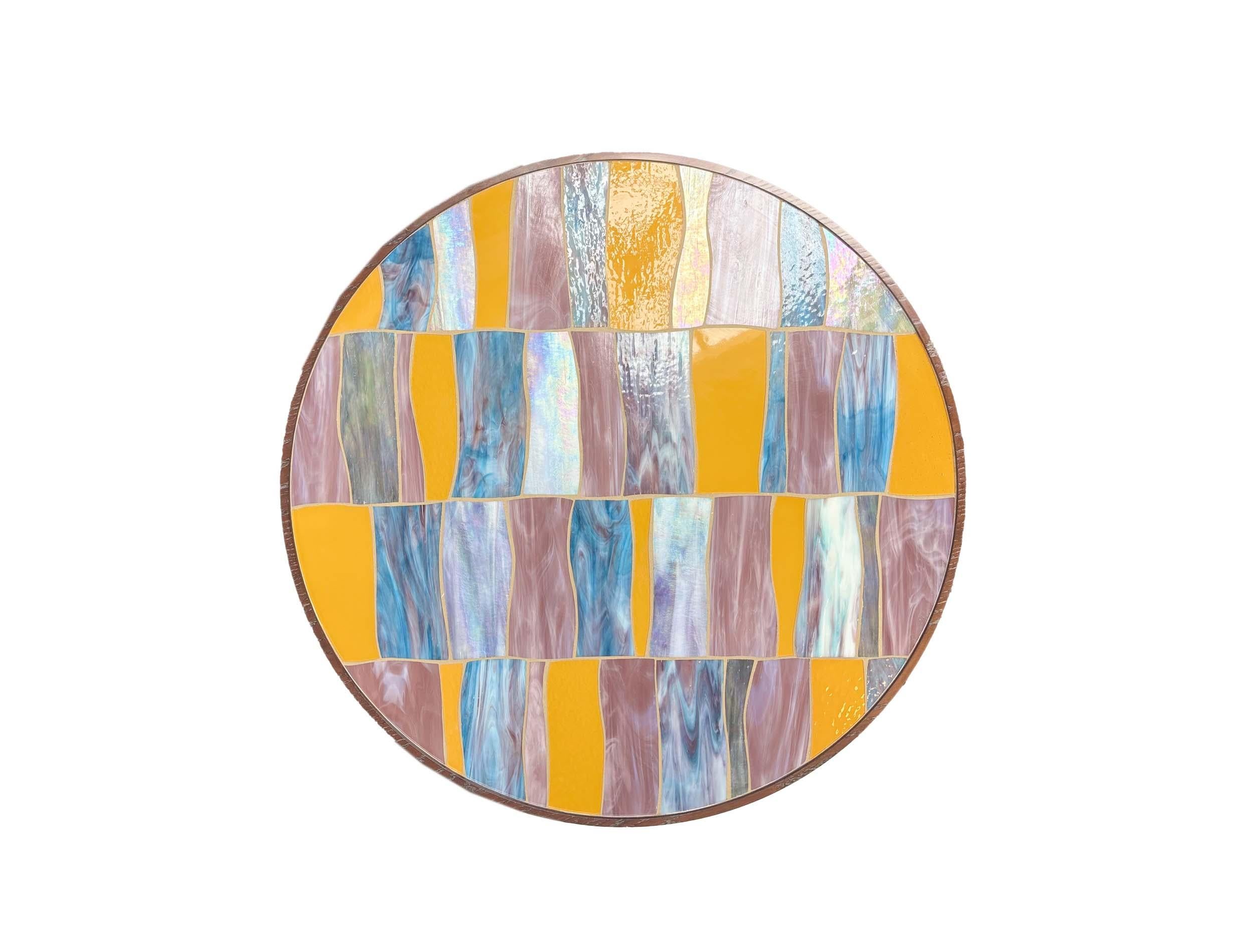 Palazzo round coffee table with blue mother of pearl, wispy mauve and blue, light amber, and wispy lavender glass mosaic. Sits on 4 pedestals base in chocolate cerused oak wood by Ercole Home. 

Color glass and wood finish can change.
Made in