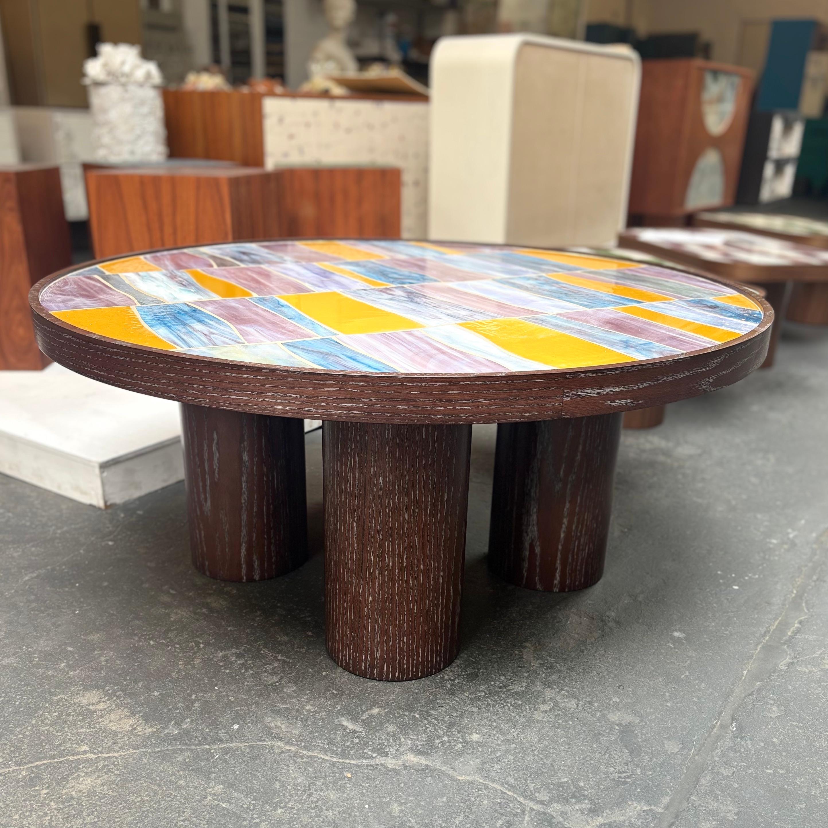 Contemporary Modern Round Coffee Table with Glass Top and Oak Pedestal Base by Ercole Home For Sale