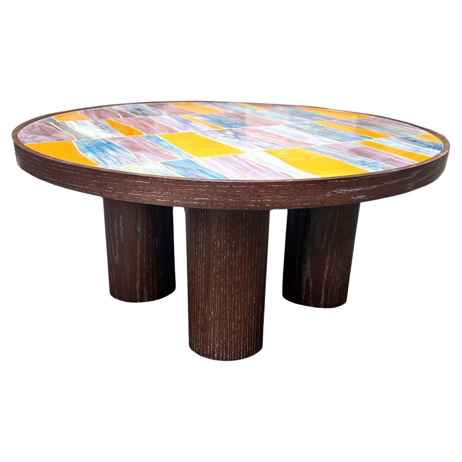 Modern Round Coffee Table with Glass Top and Oak Pedestal Base by Ercole Home
