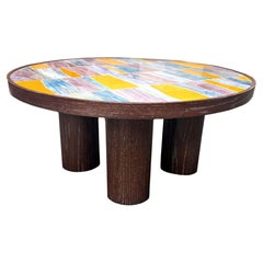 Modern Round Coffee Table with Glass Top and Oak Pedestal Base by Ercole Home