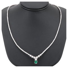 Modern Round Cut Emerald Diamonds Necklace, Natural Emerald Diamond Necklace