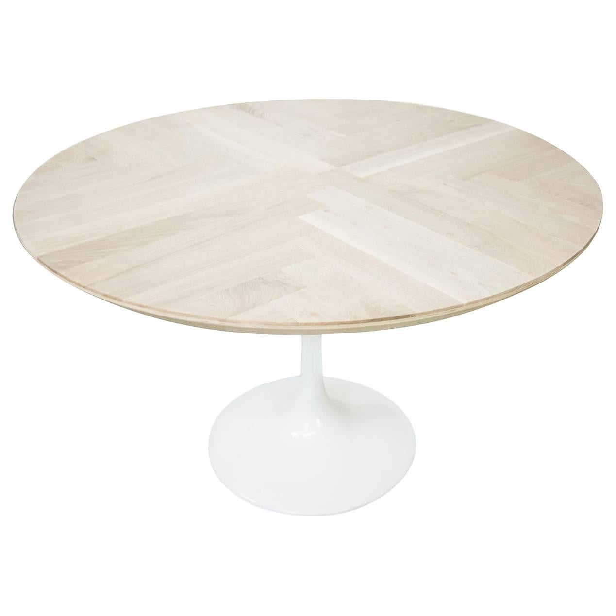 Modern Round Dining Table Herringbone Pattern Bleached Walnut Top and White Base