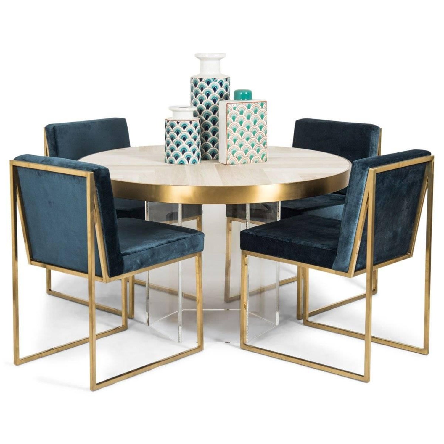 Modern Round Dining Table Herringbone Pattern Bleached Walnut Top