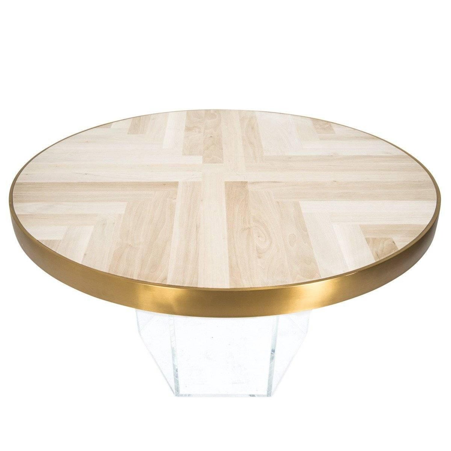 Modern Round Dining Table Herringbone Pattern Bleached Walnut Top Plinth Base
