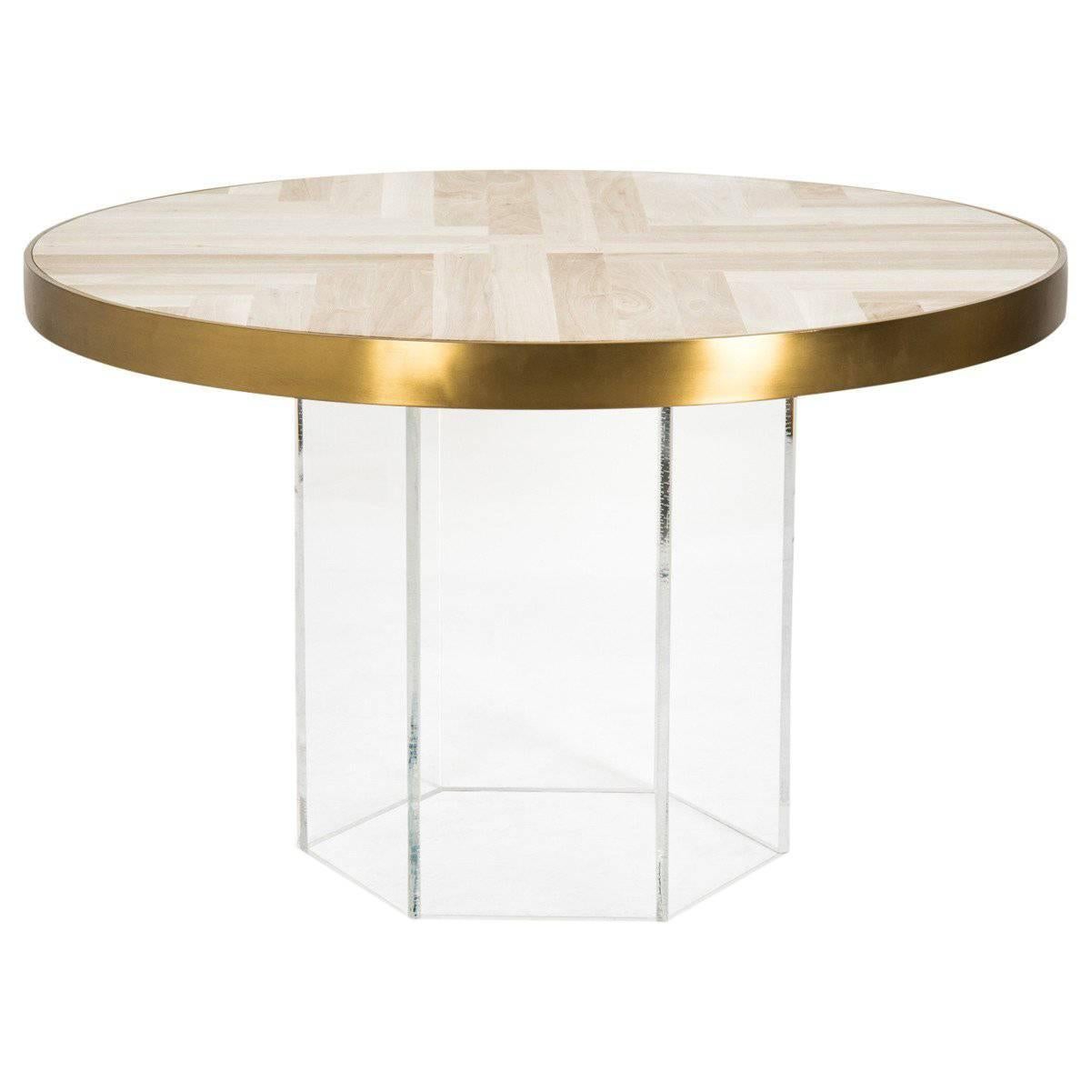 Modern Round Dining Table Herringbone Pattern Bleached Walnut Top Plinth Base