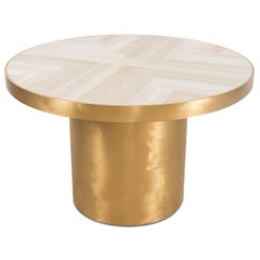 Modern Round Dining Table with Herringbone Pattern Walnut Top Brass Round Base