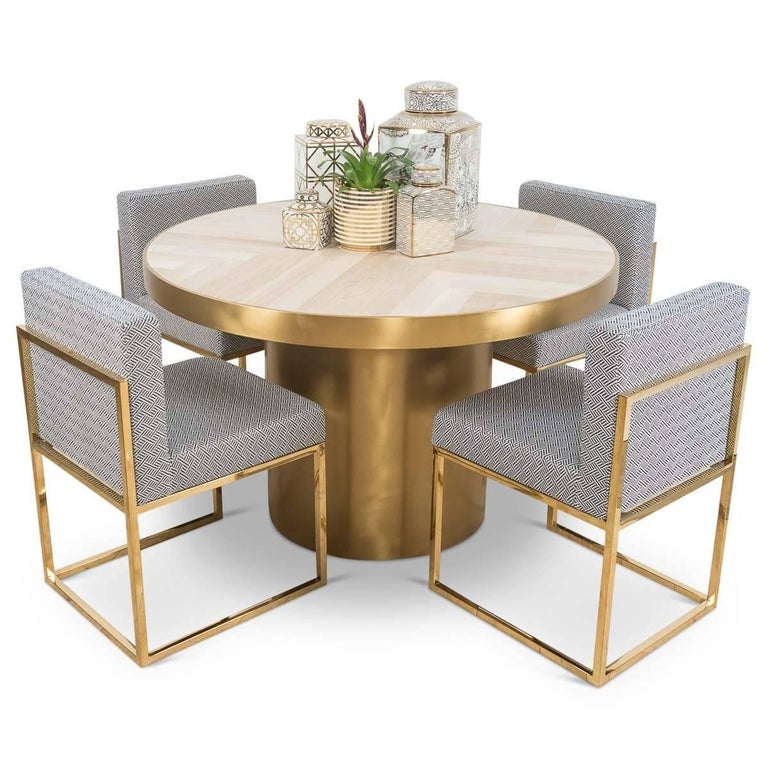 Modern Round Dining Table With Herringbone Pattern Walnut Top Brass Base