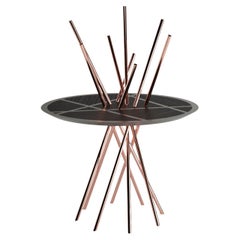 Modern Round Entryway Pedestal Table Black Oak Wood Black Lacquer Brushed Copper
