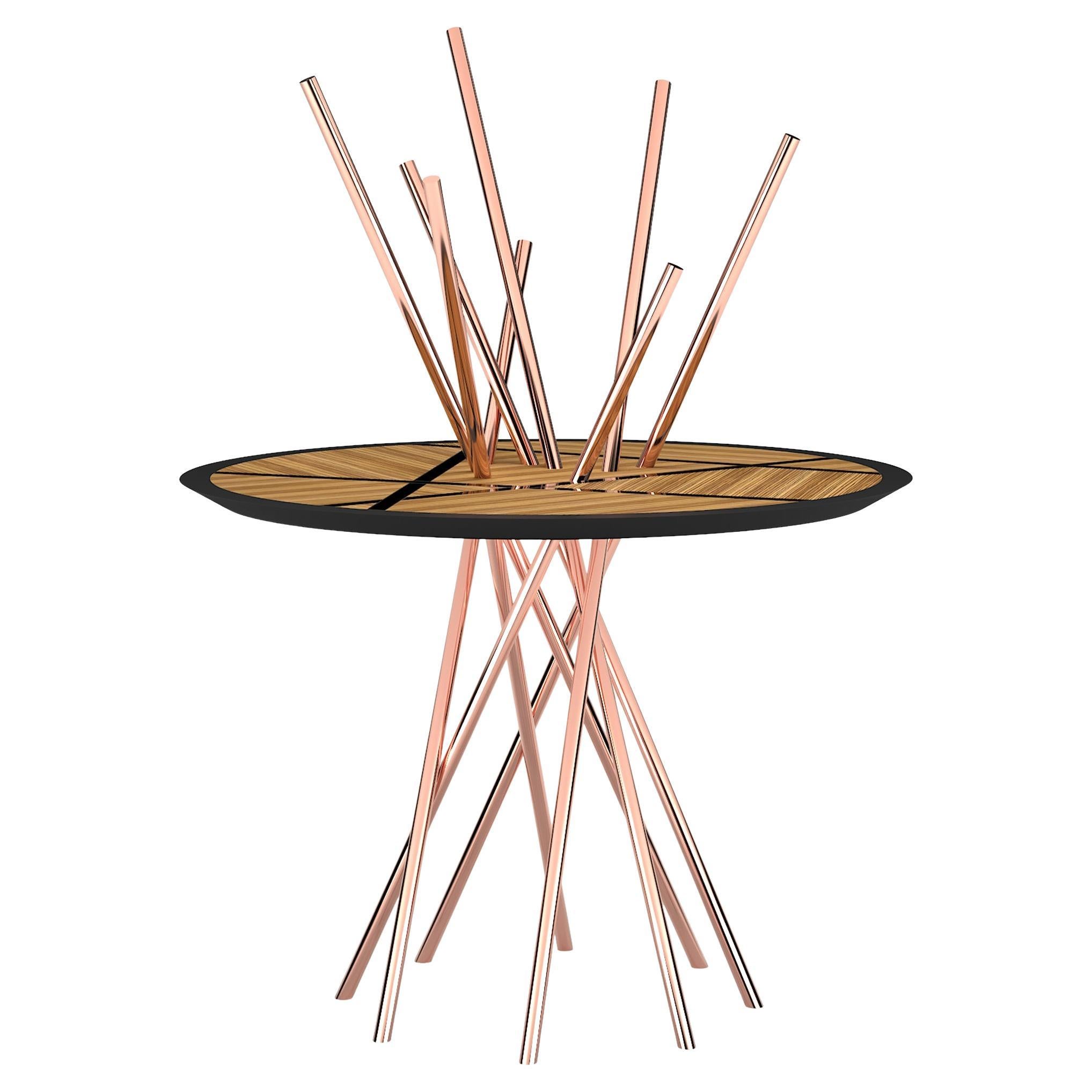 Mesa Redonda Moderna de Entrada con Pedestal Madera de Zebrano Laca Negra Cobre Cepillado