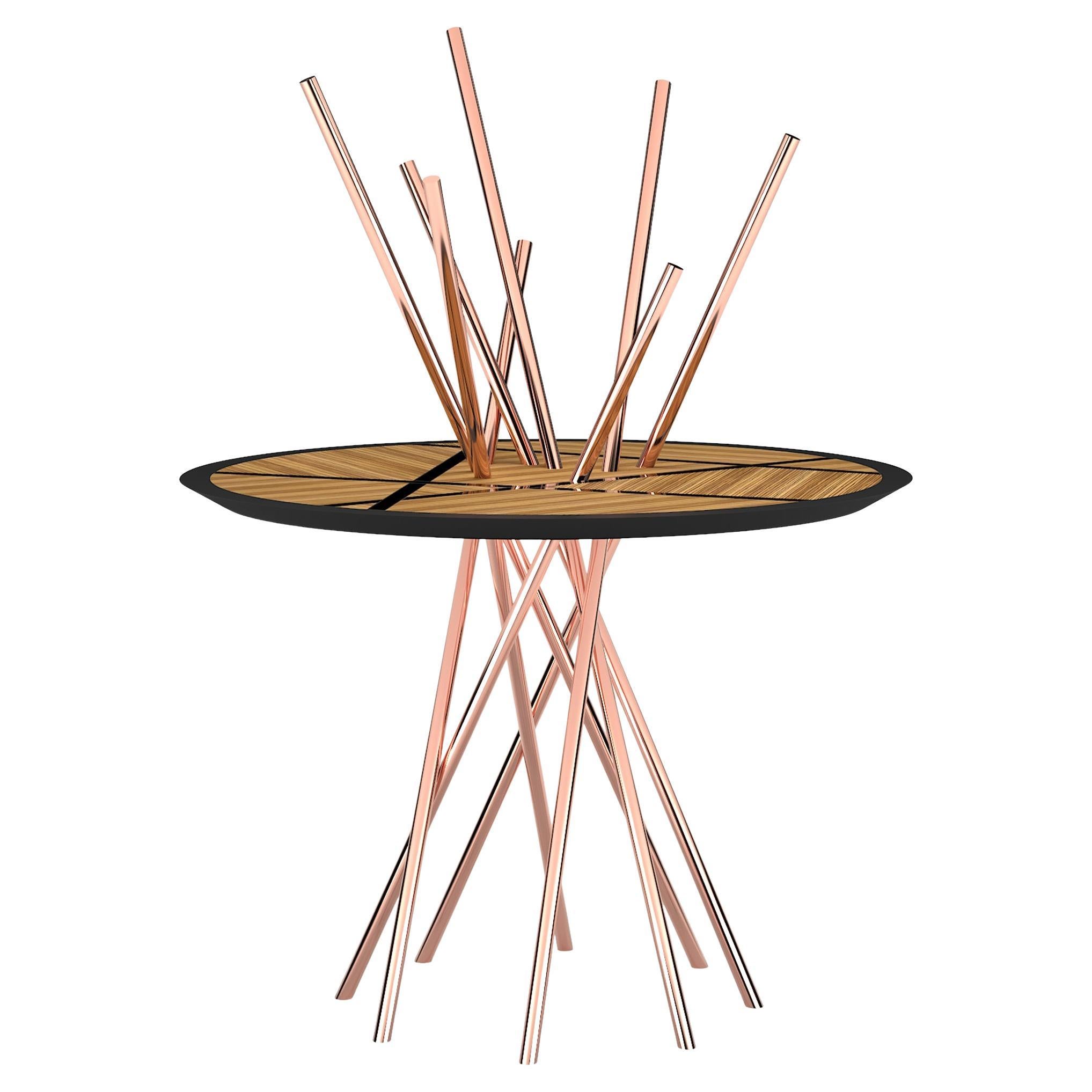 Table d'entrée ronde moderne à piédestal en bois zébré et cuivre brossé en vente