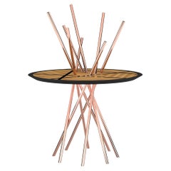 Table d'entrée ronde moderne à piédestal en bois zébré et cuivre brossé