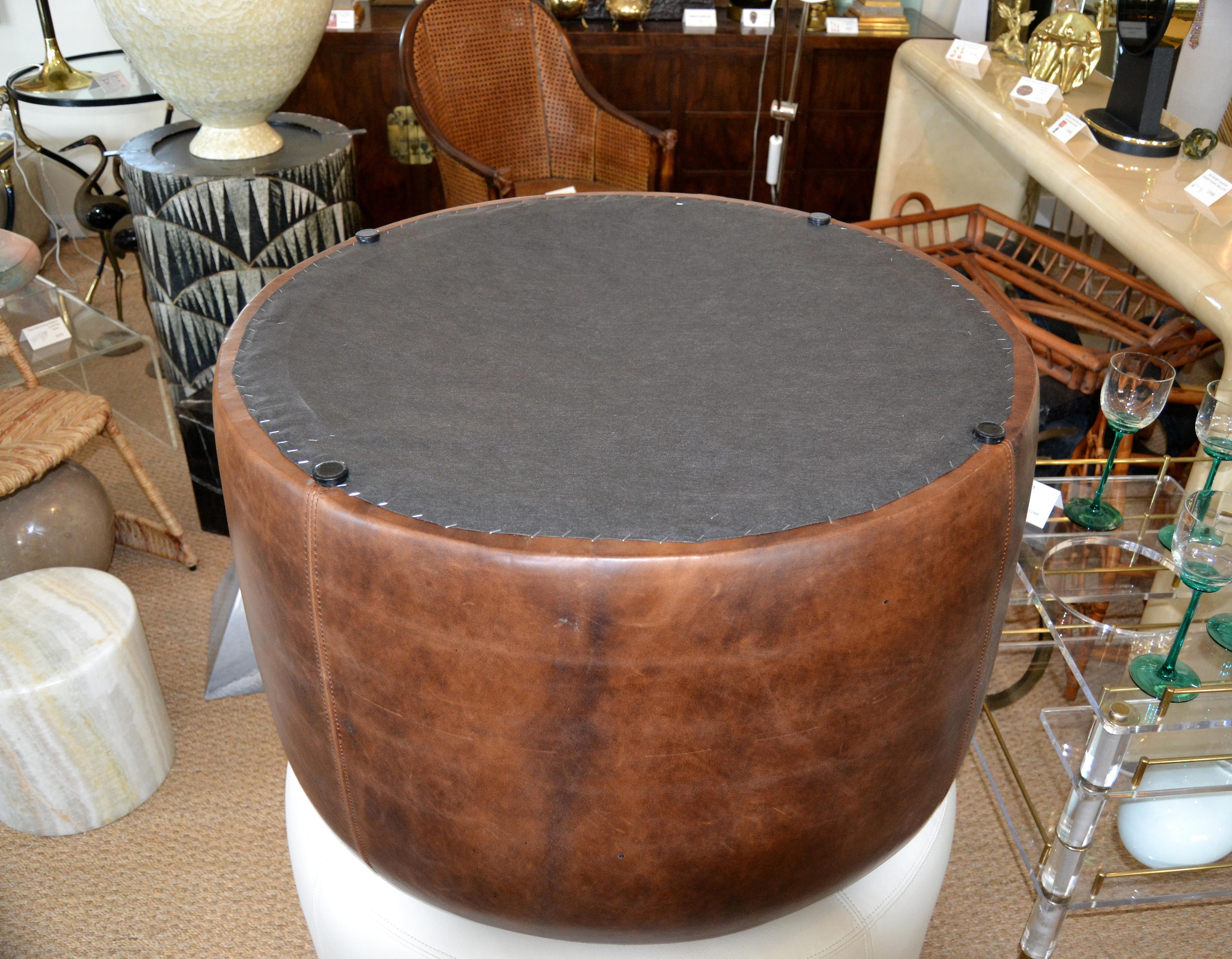 Modern Round Handcrafted Leather Ottoman, Pouf in Antique Leather, Contemporary 5