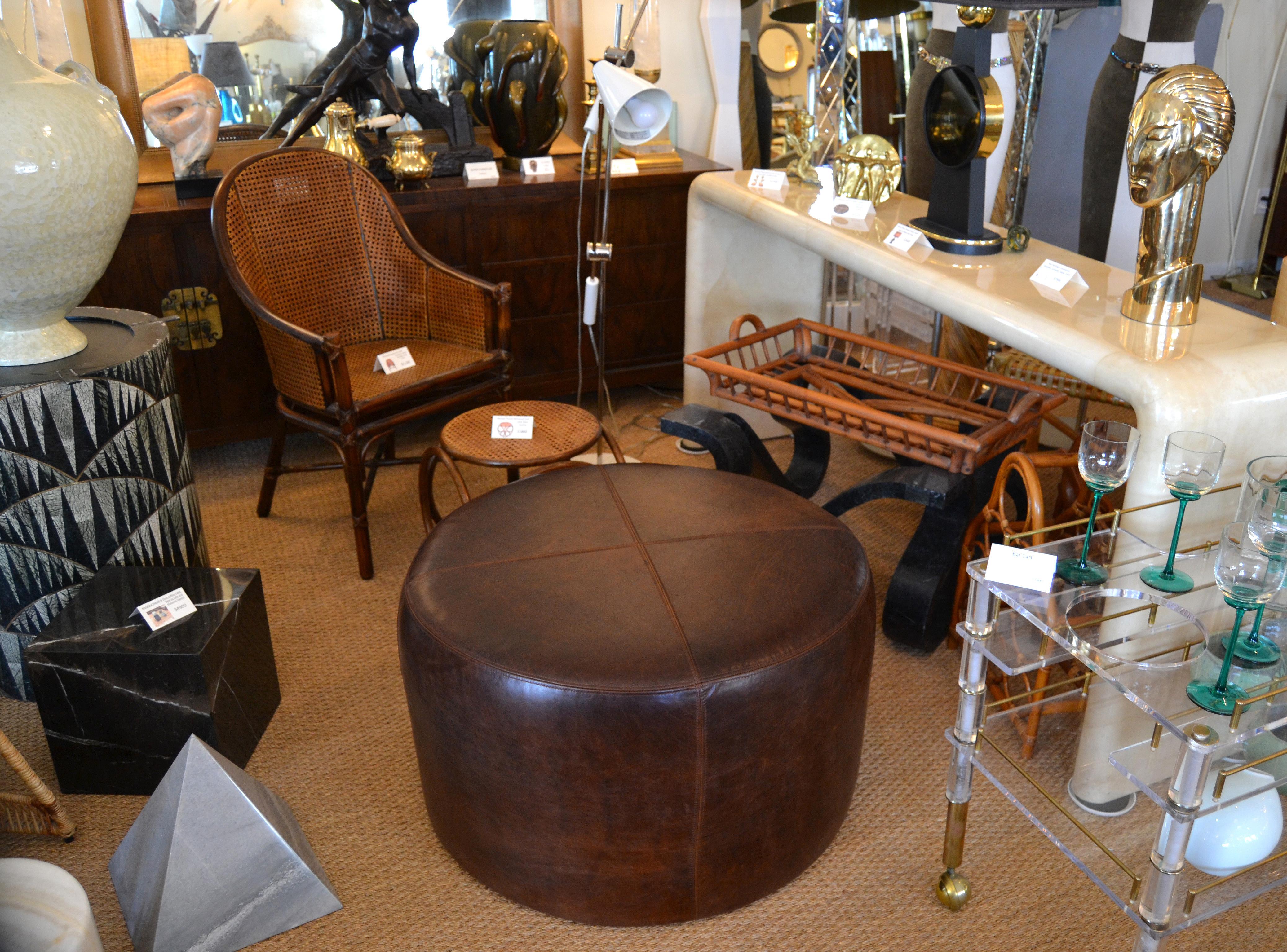 Modern Round Handcrafted Leather Ottoman, Pouf in Antique Leather, Contemporary 6