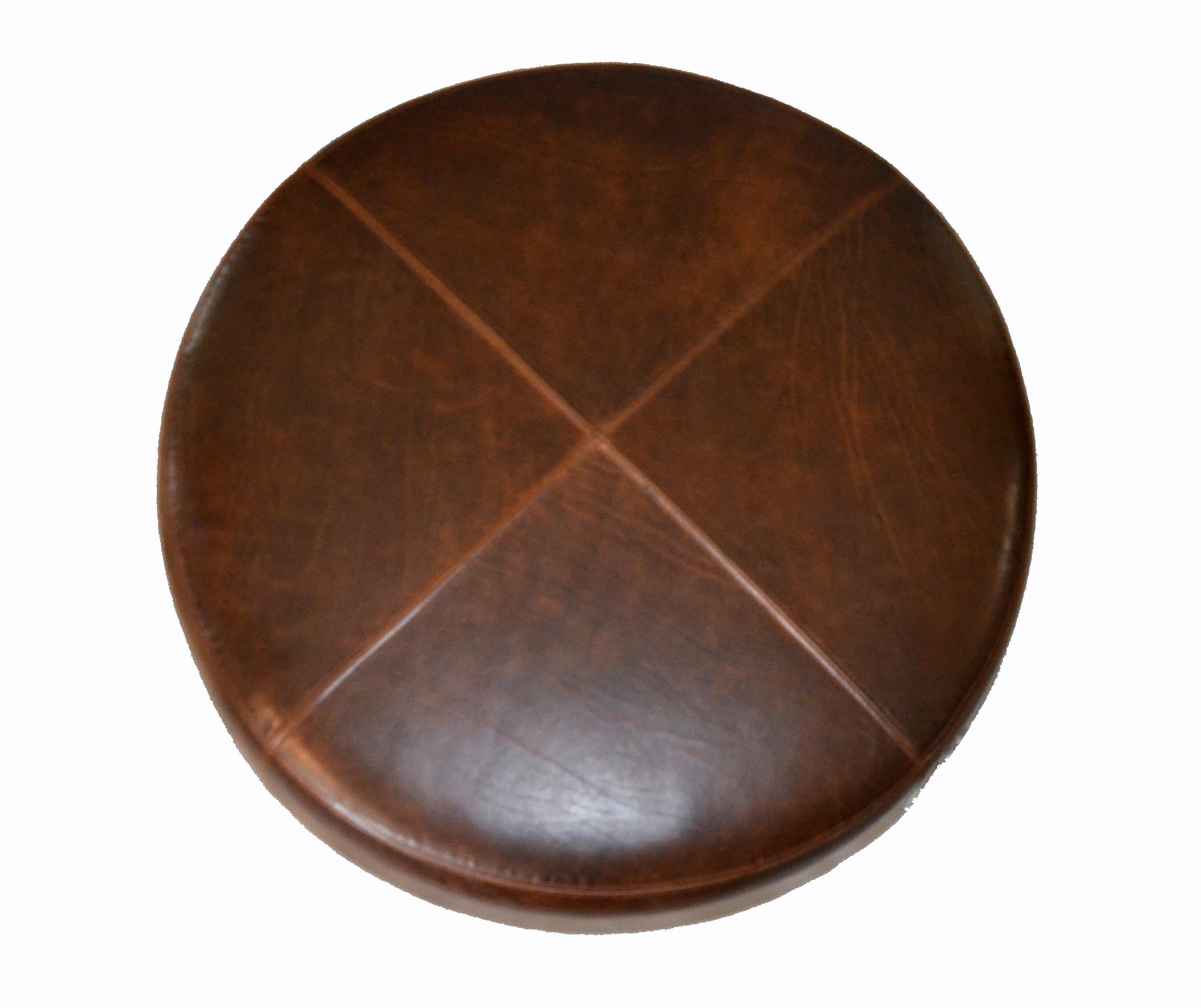 American Modern Round Handcrafted Leather Ottoman, Pouf in Antique Leather, Contemporary