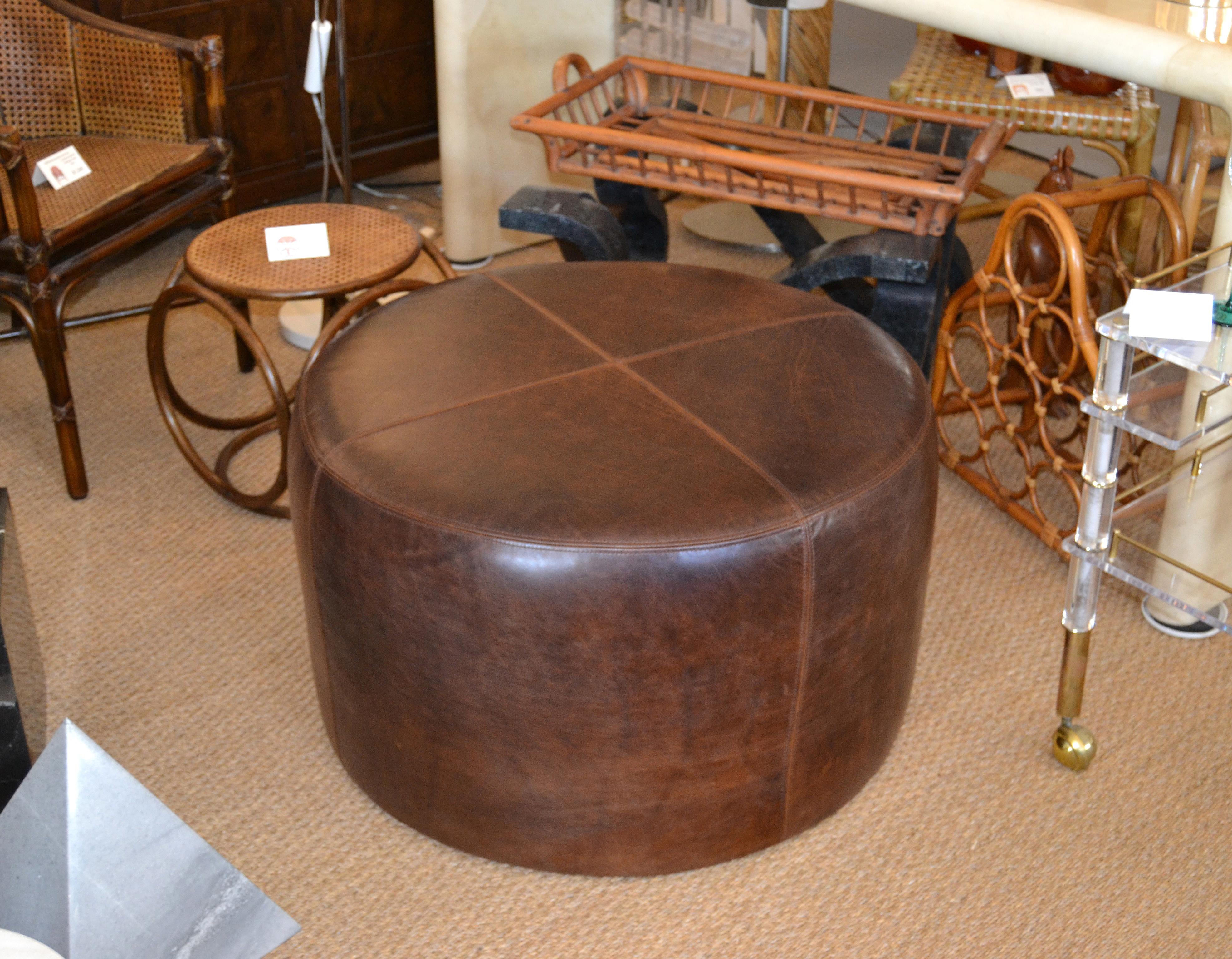 Modern Round Handcrafted Leather Ottoman, Pouf in Antique Leather, Contemporary In New Condition In Miami, FL