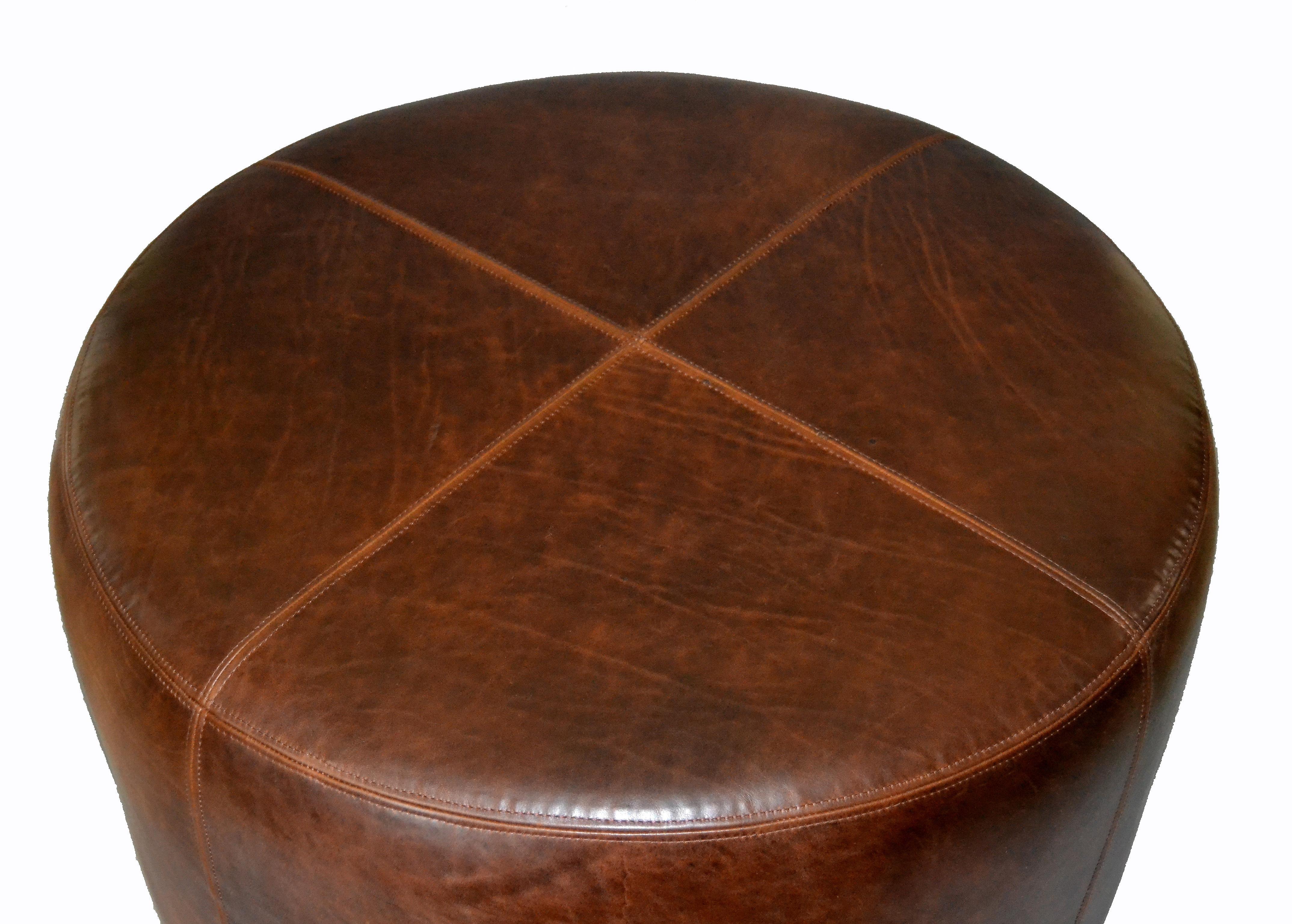 Modern Round Handcrafted Leather Ottoman, Pouf in Antique Leather, Contemporary 2