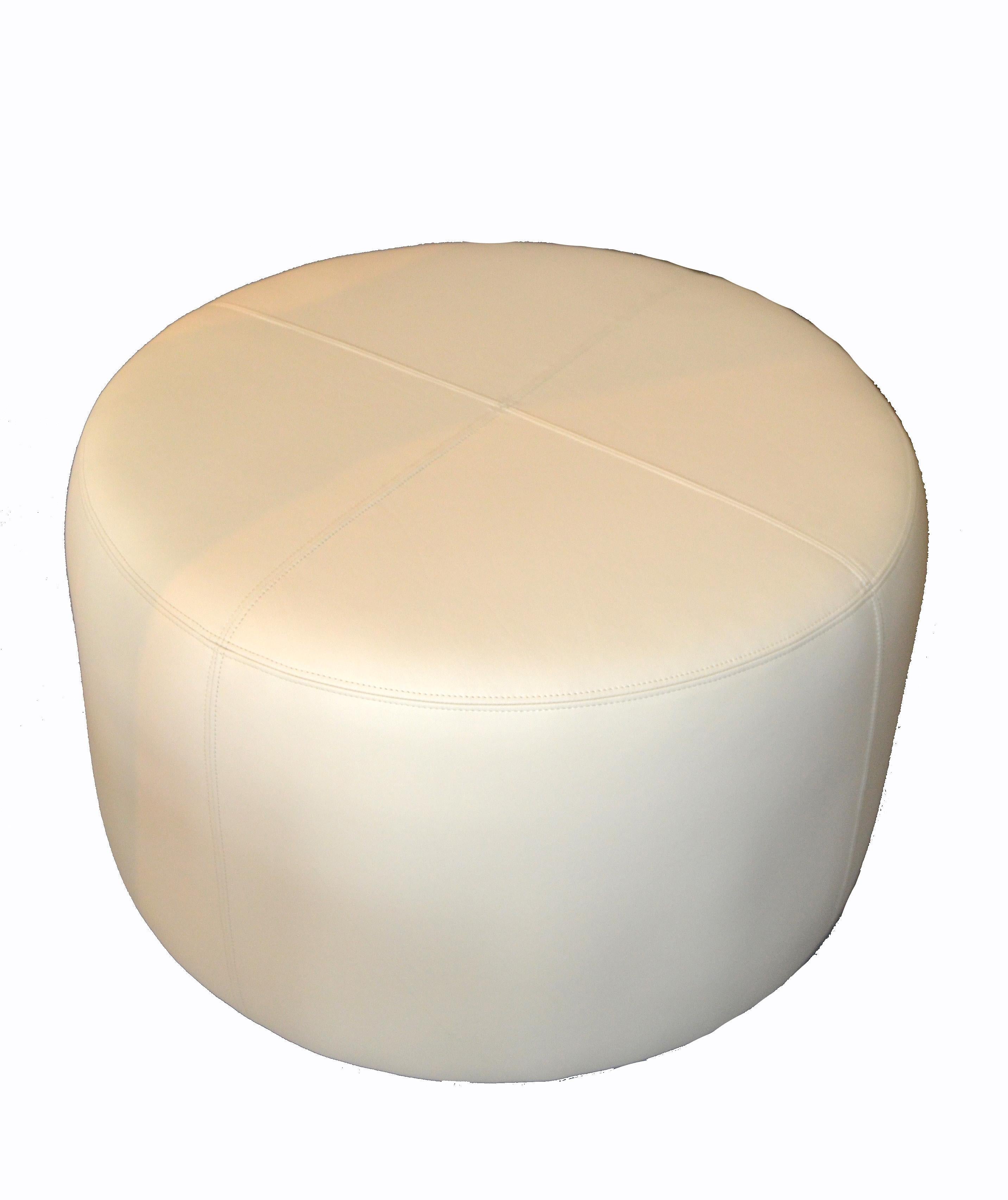 Modern Round Handcrafted Leather Ottoman, Pouf in Beige Leather, Contemporary 3