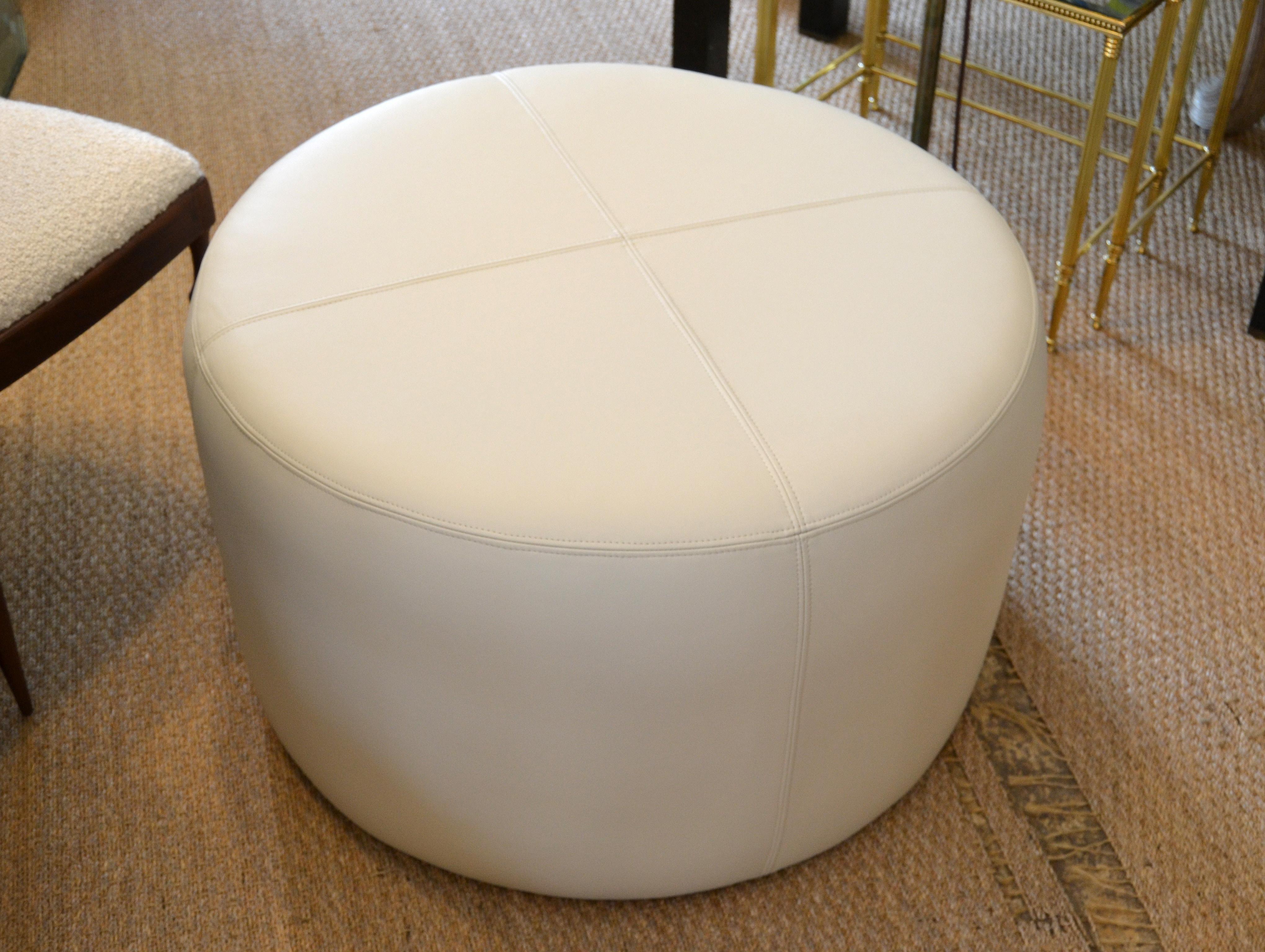 Modern Round Handcrafted Leather Ottoman, Pouf in Beige Leather, Contemporary 4