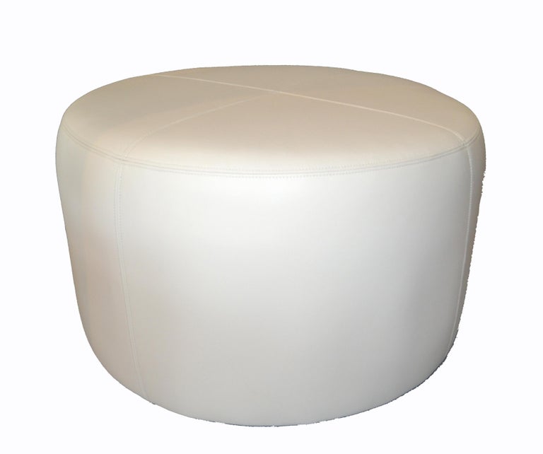 Modern Round Handcrafted Leather, Beige Leather Ottoman