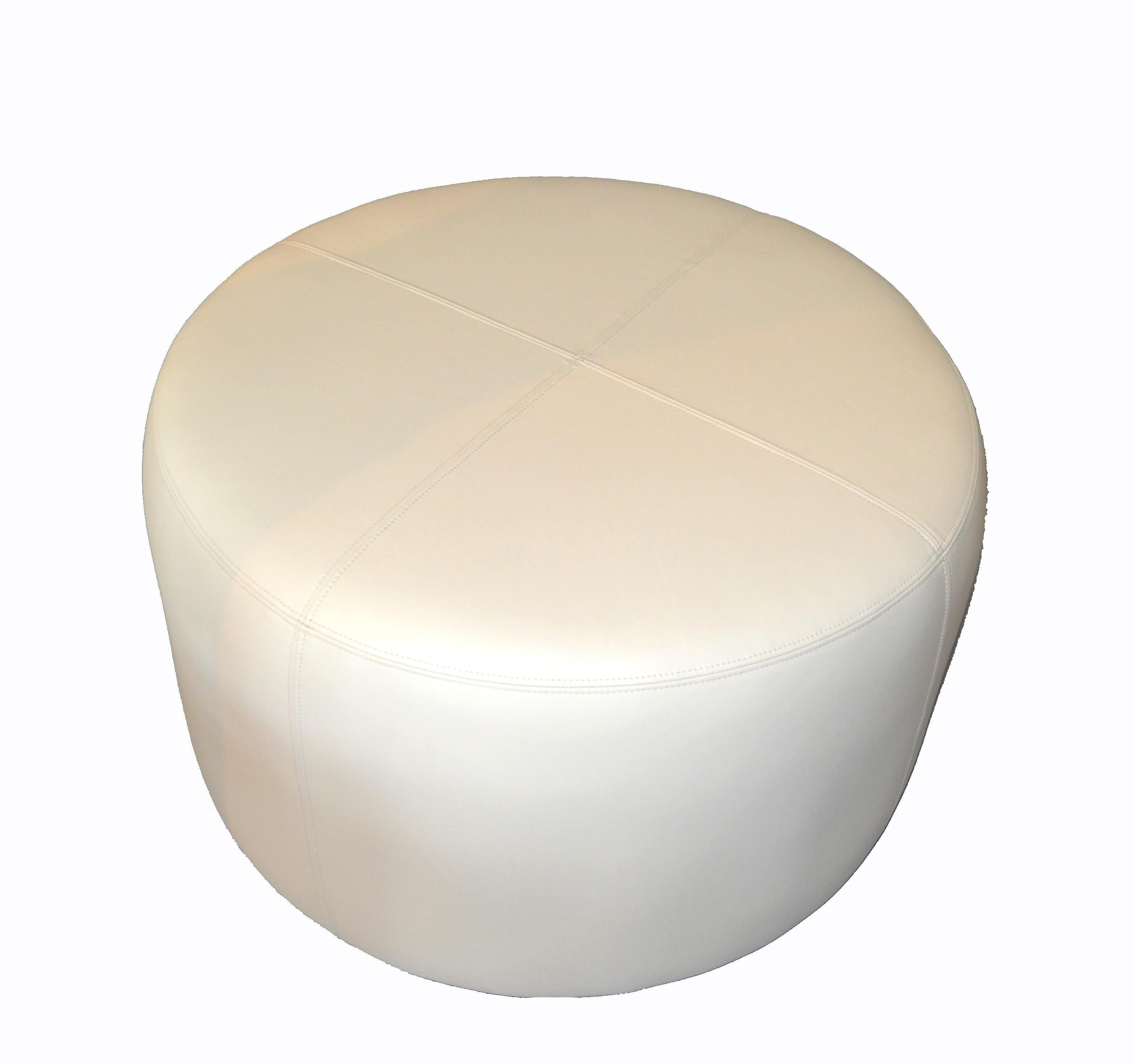 American Modern Round Handcrafted Leather Ottoman, Pouf in Beige Leather, Contemporary