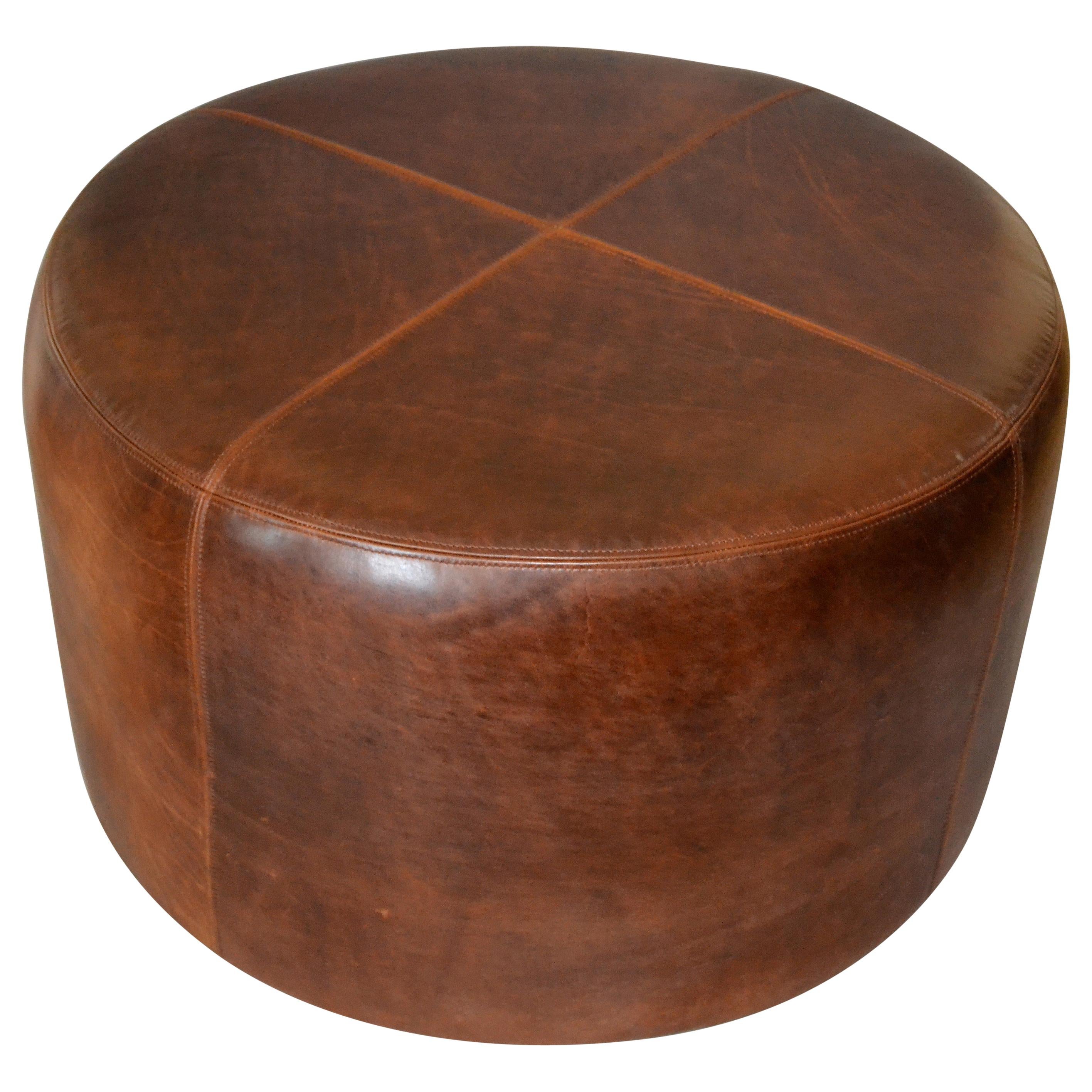 Modern Round Handcrafted Leather Ottoman Pouf in Antique Leather