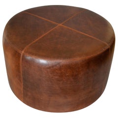 Modern Round Handcrafted Leather Ottoman, Pouf in Antique Leather, Contemporary