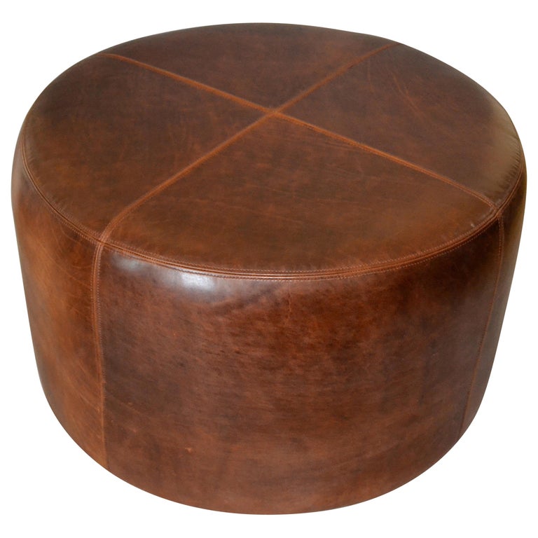 Modern Round Handcrafted Leather, Round Ottoman Leather