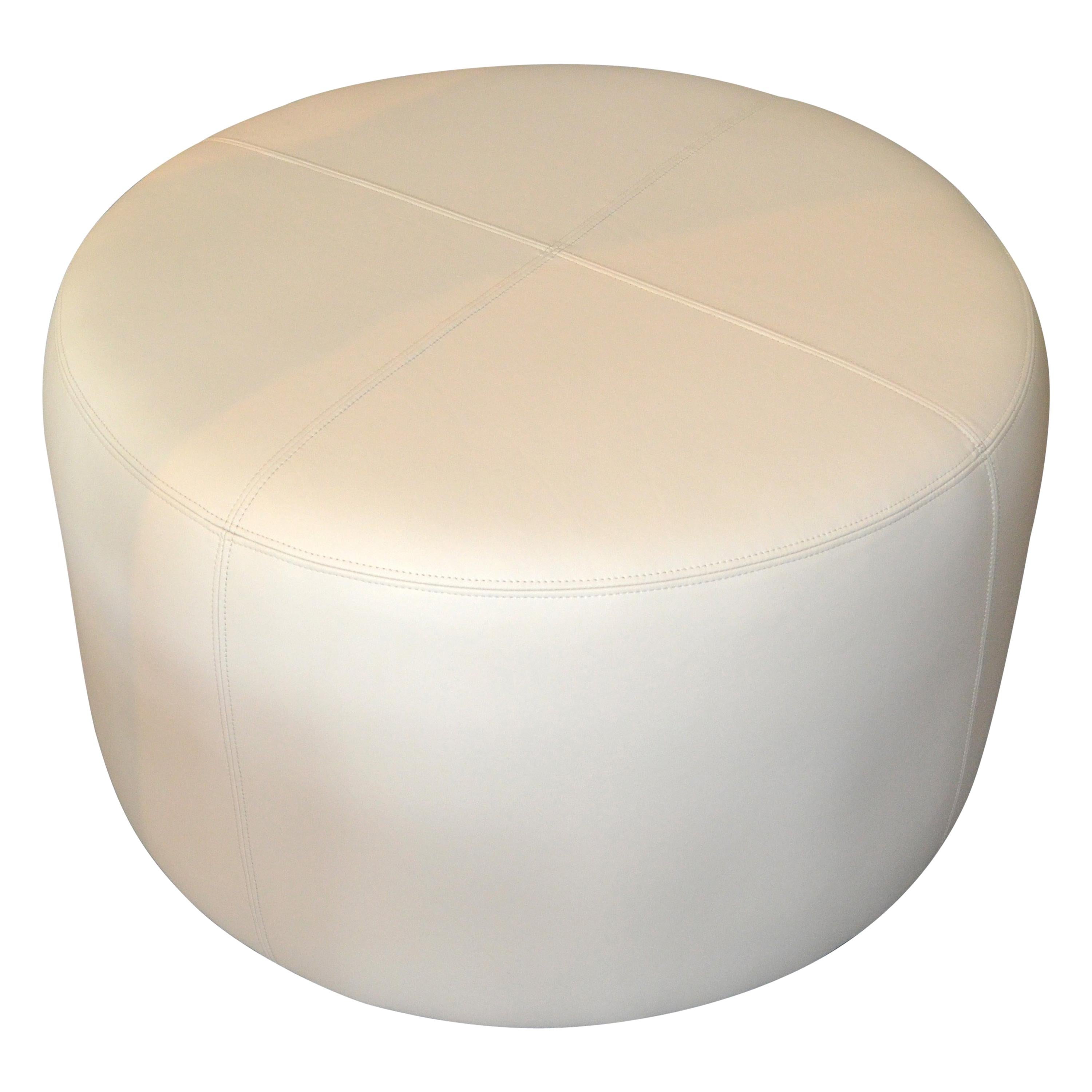 Modern Round Handcrafted Leather Ottoman, Pouf in Beige Leather, Contemporary