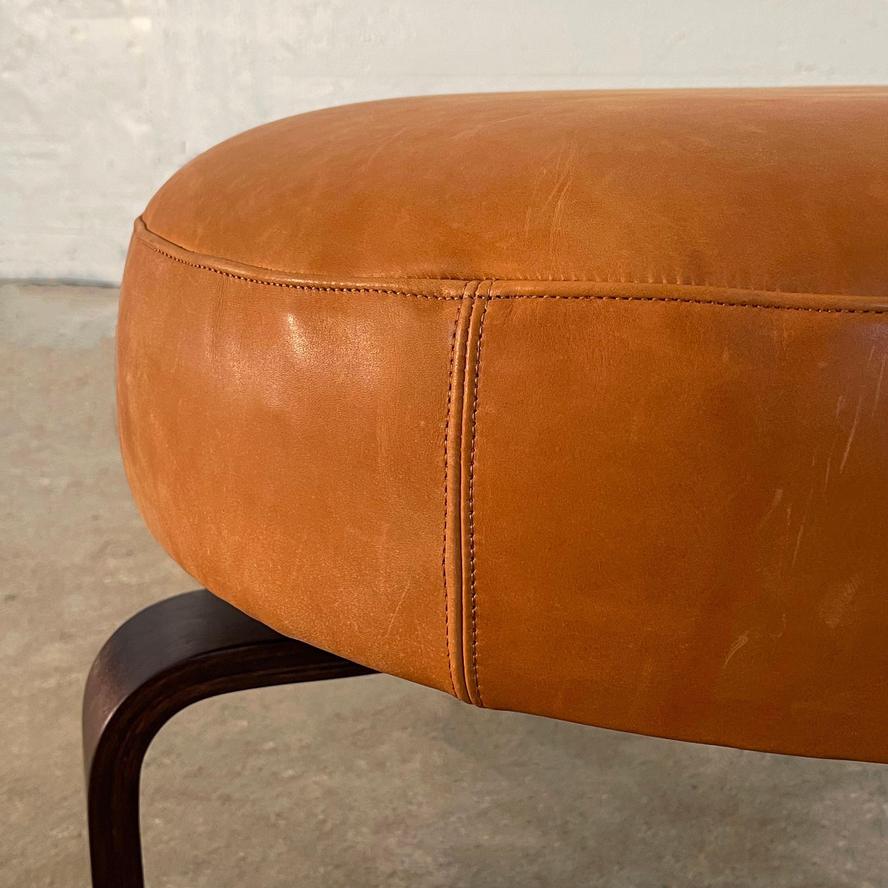 Modern Round Leather Bent Maple Swivel Ottoman In Good Condition For Sale In Brooklyn, NY