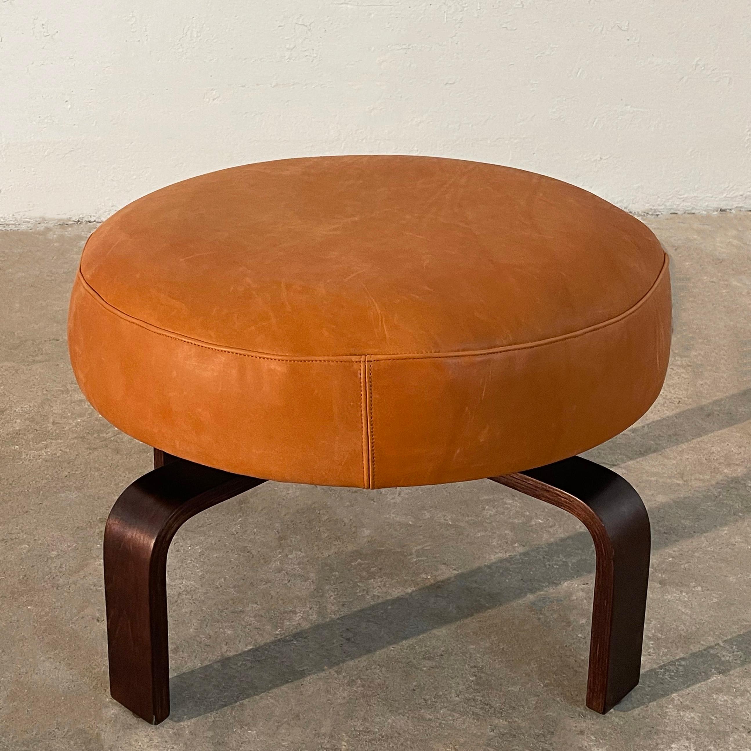 20th Century Modern Round Leather Bent Maple Swivel Ottoman For Sale