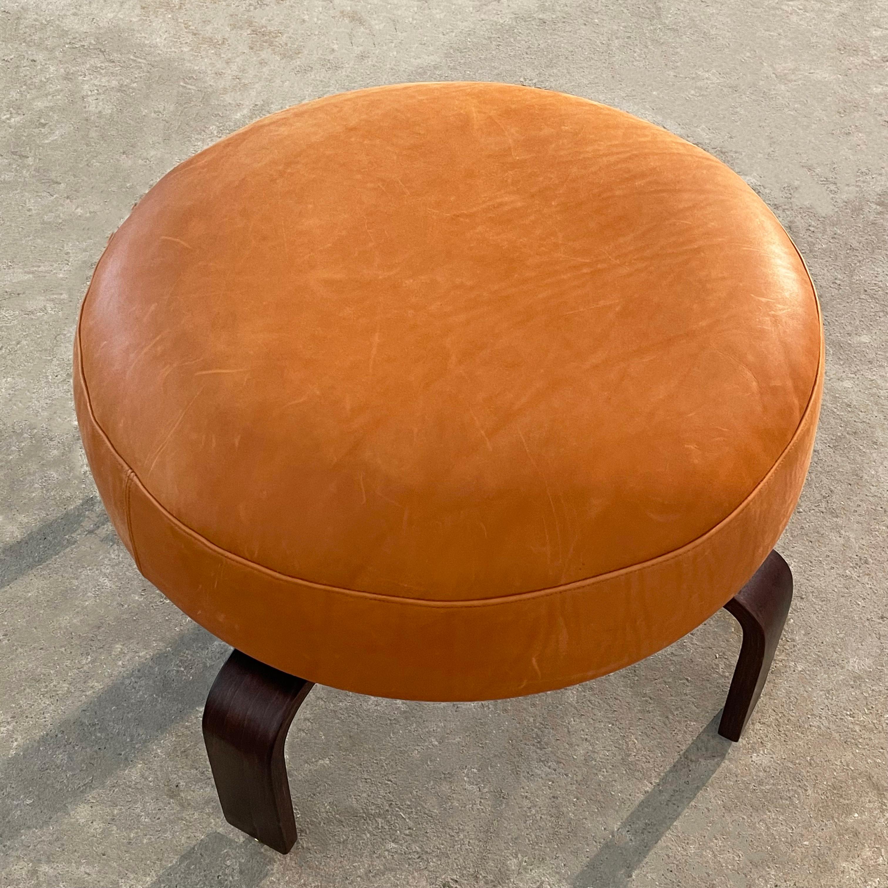 Modern Round Leather Bent Maple Swivel Ottoman For Sale 1
