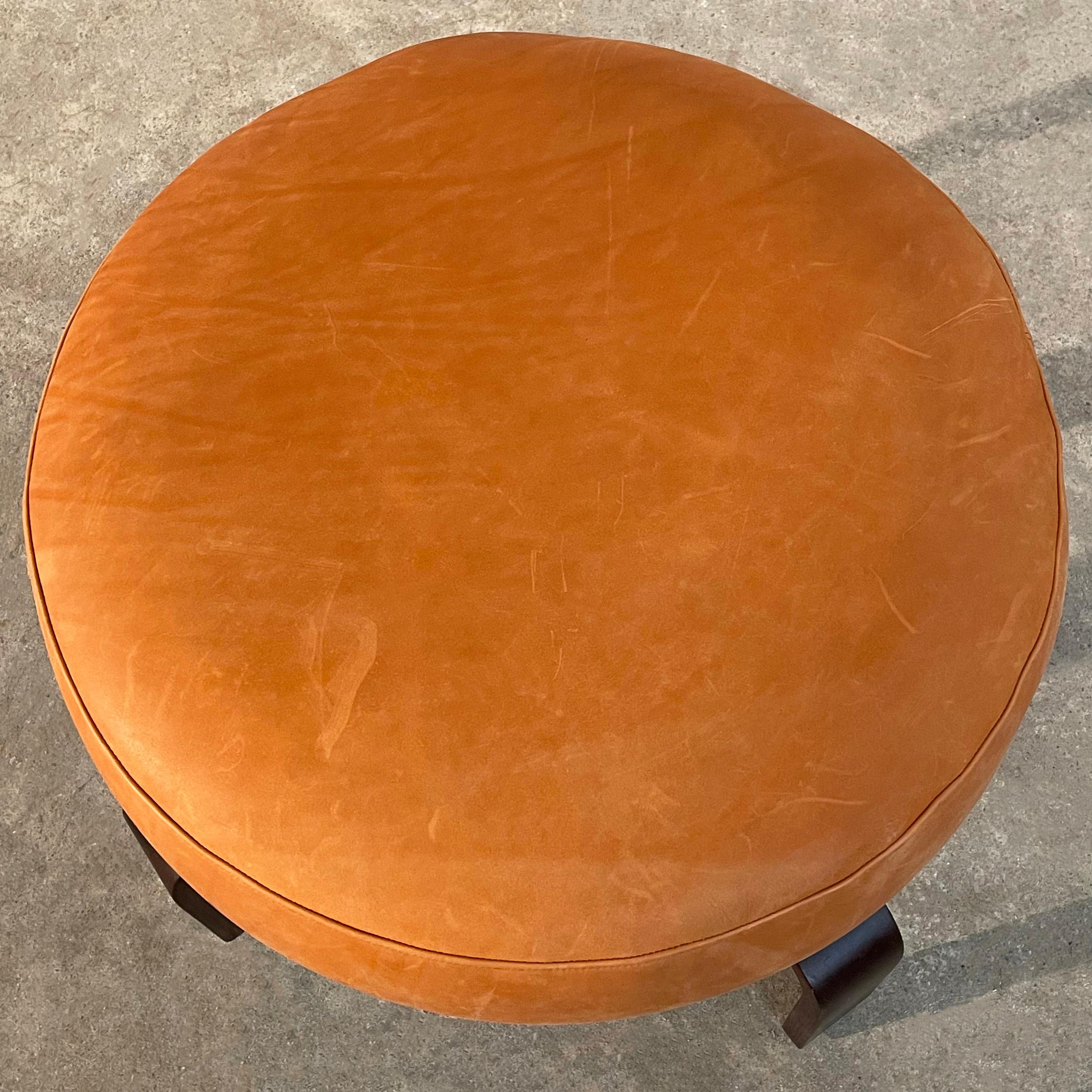 Modern Round Leather Bent Maple Swivel Ottoman For Sale 2