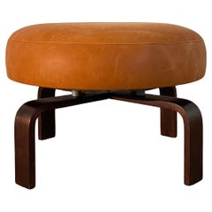 Retro Modern Round Leather Bent Maple Swivel Ottoman