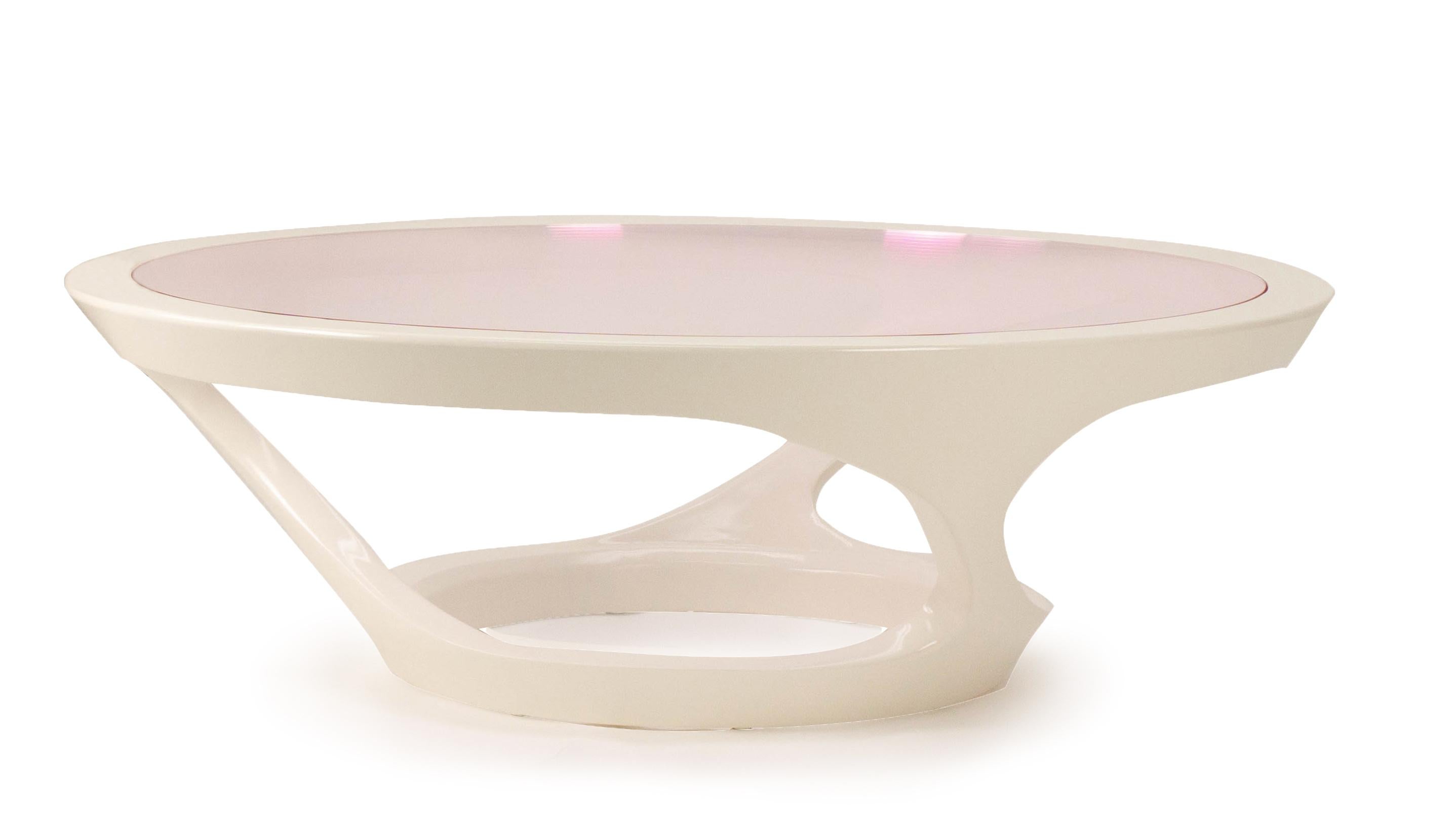 Our Alkahest coffee table is a round table with a carved base lacquered in white with a pink Lucite top. Made in our Connecticut workshop. Size, Lucite and base color are customizable.

Measurements:
53