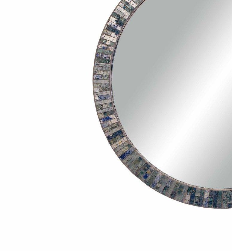 The Modern Round Mirror by Ercole Home features a mosaic frame of Midnight Moon Mystic Glass. Custom sizes and finishes are available. 

Made in Brooklyn.