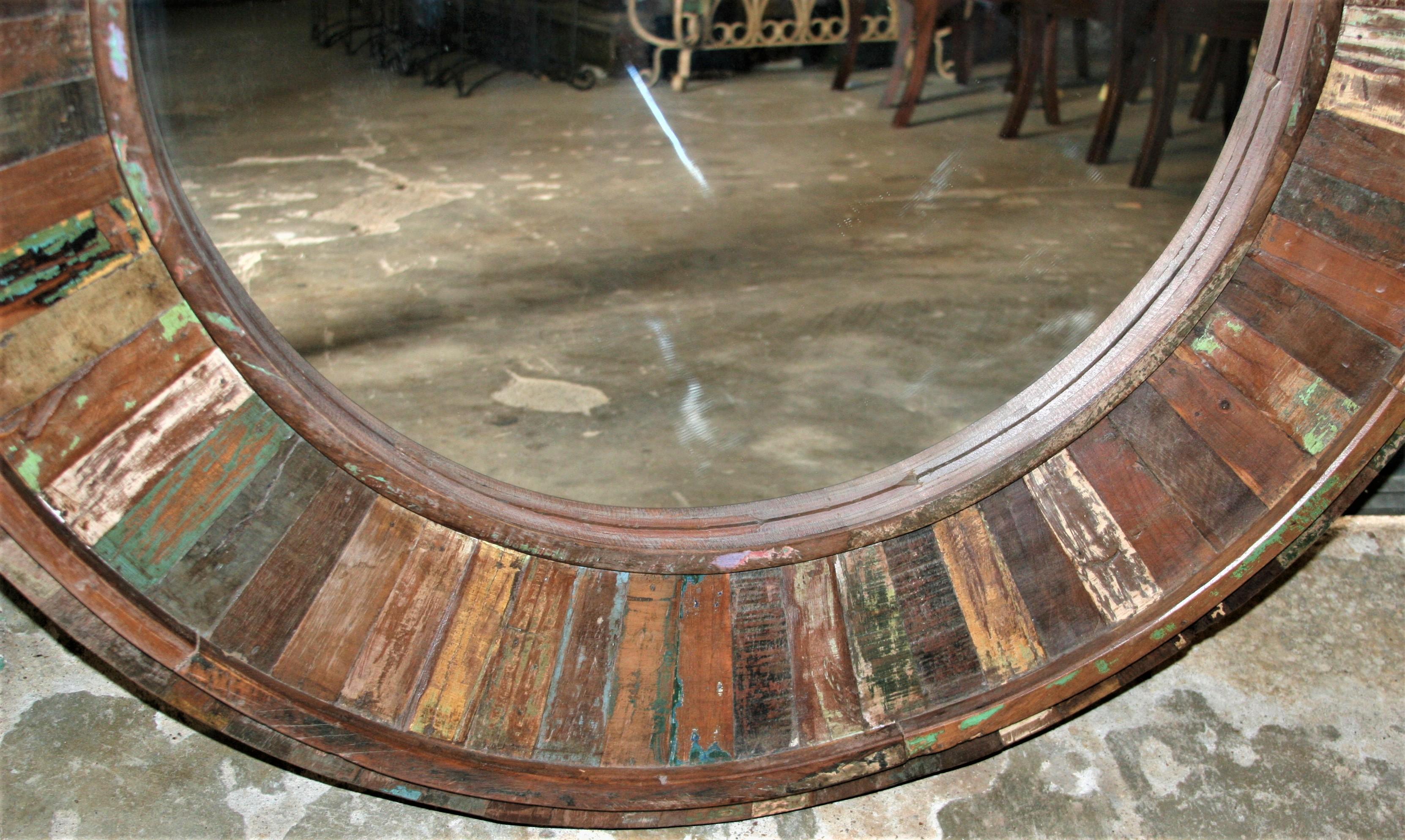 Contemporary Modern Round Mirror Made from Handpicked Recycled Vintage Wood For Sale
