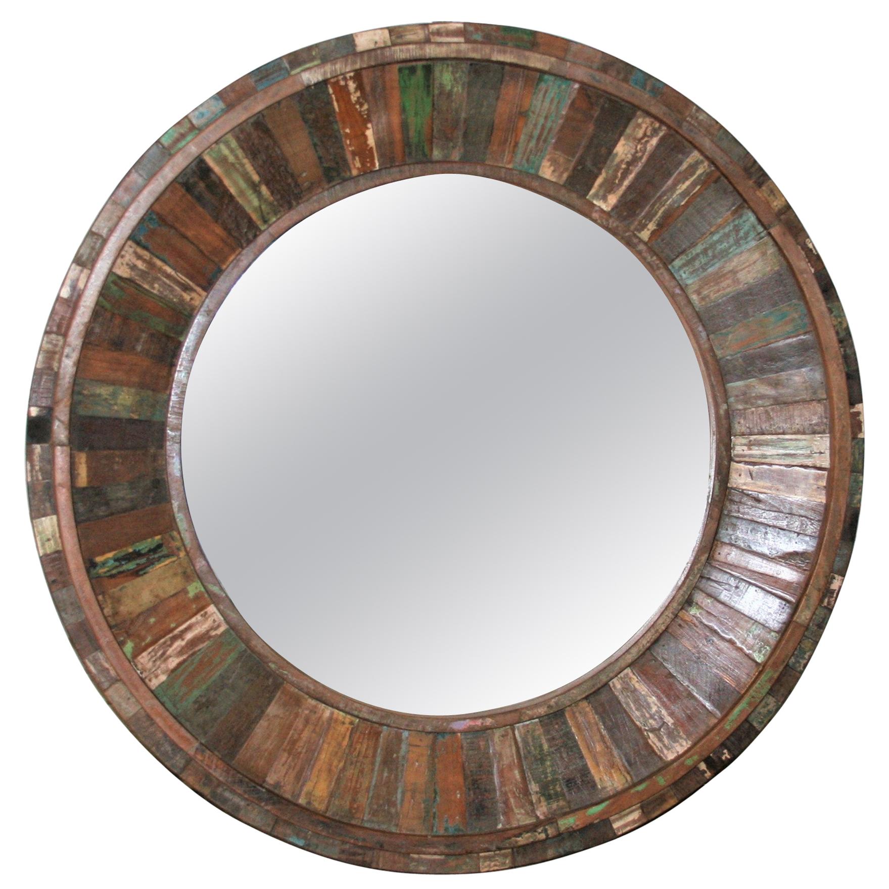 Modern Round Mirror Made from Handpicked Recycled Vintage Wood For Sale