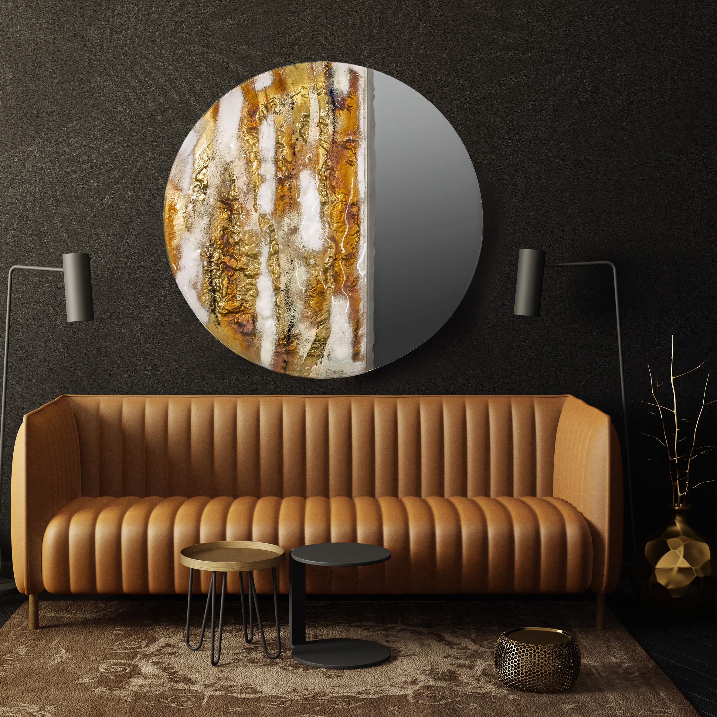 Contemporary and modern round mirror with Murano kind handmade glass colored using metal oxides in white and liquid metal in gold color. Limited collection signed by Edith Baranska showed for the first time in Milan 2019. Each piece is unique and a