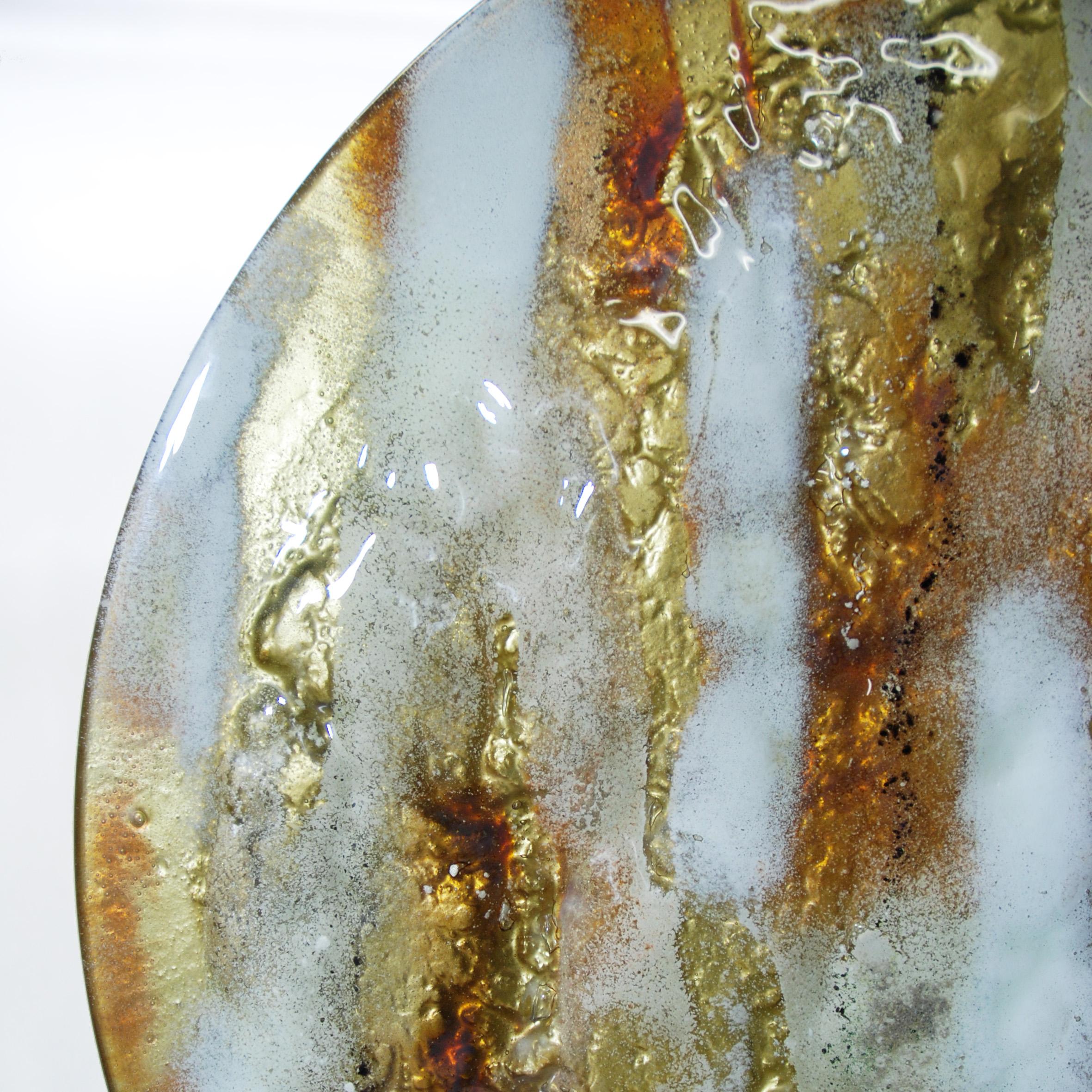 Polish Modern Round Mirror Sunrise with Murano Kind Glass in Gold, Brown Metal Oxides