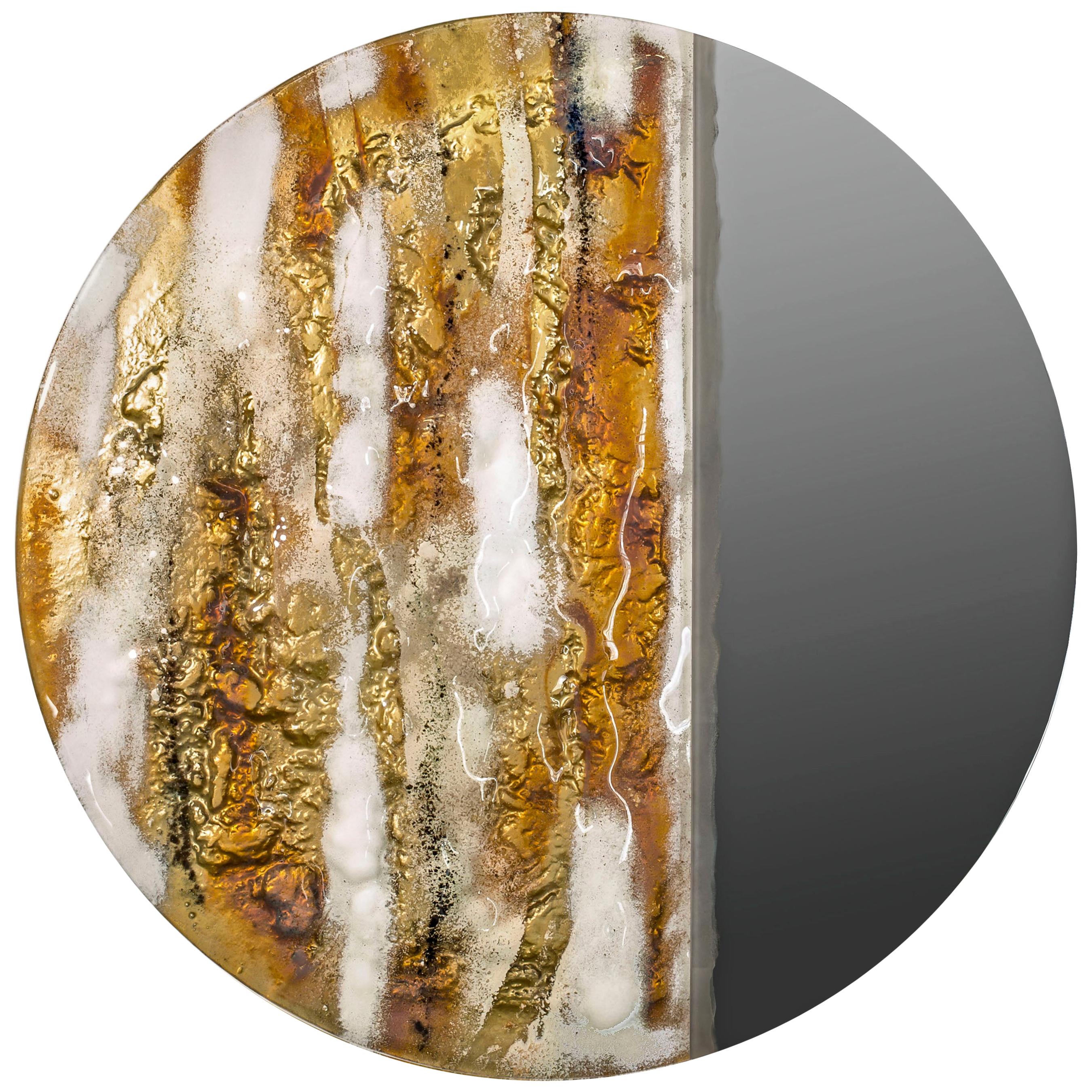 Modern Round Mirror Sunrise with Murano Kind Glass in Gold, Brown Metal Oxides