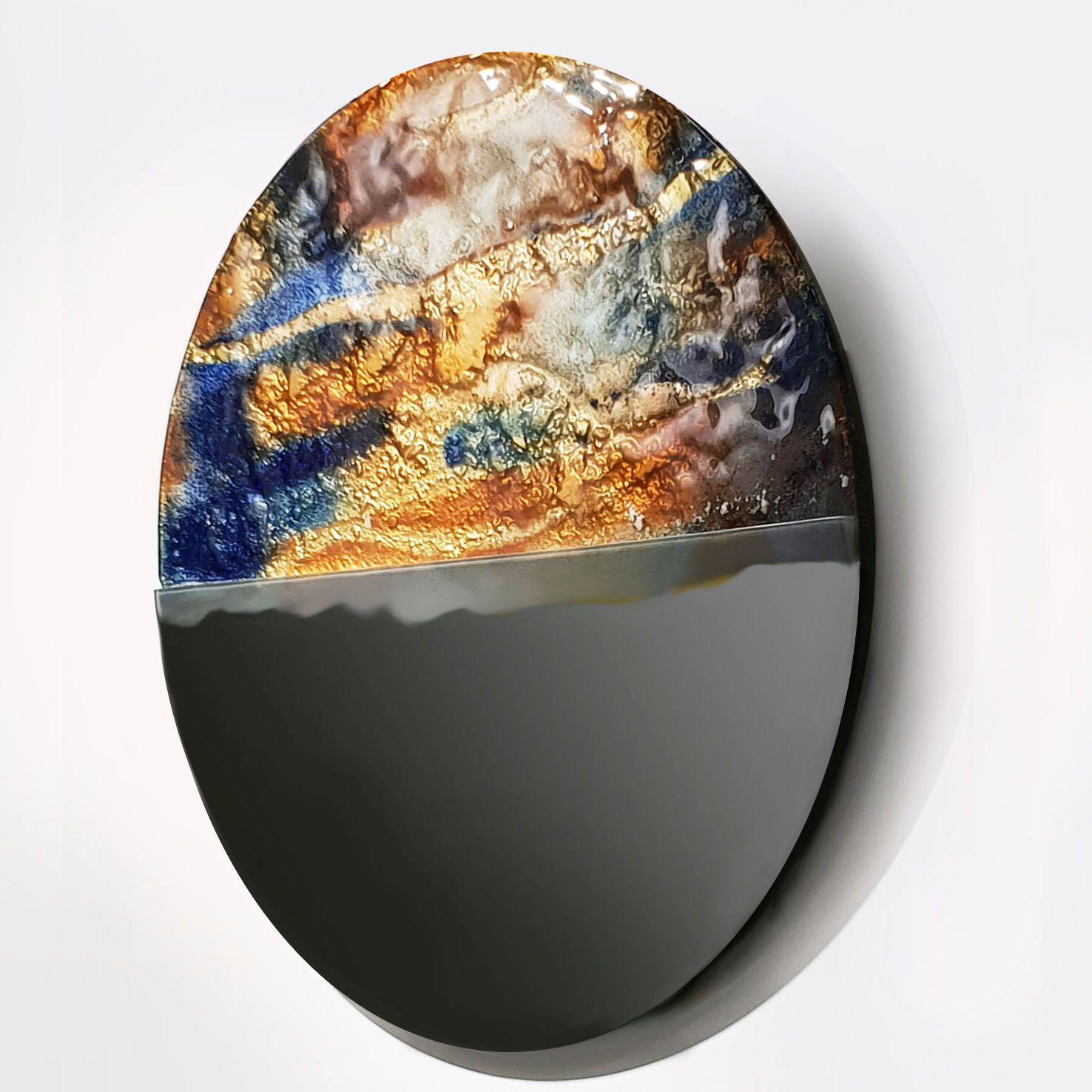 Contemporary and modern round mirror with Murano kind handmade glass colored using metal oxides in cobalt and brown and liquid metal in gold color. Limited collection signed by Edith Baranska showed for the first time in Milan 2019. Each piece is