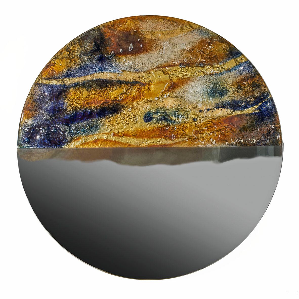Hand-Crafted Modern Round Mirror Sunset with Murano Kind Glass in Gold, Cobalt Metal Oxides