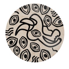 Contemporary Round Nightstand Bedside Table Abstract Marquetry Black White Wood