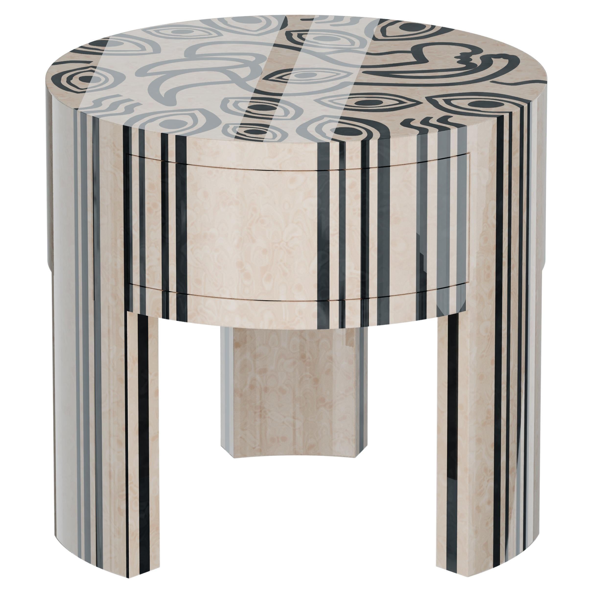 Modern Round Nighstand Bedside Table Pablo Print Black White Wood Marquetry