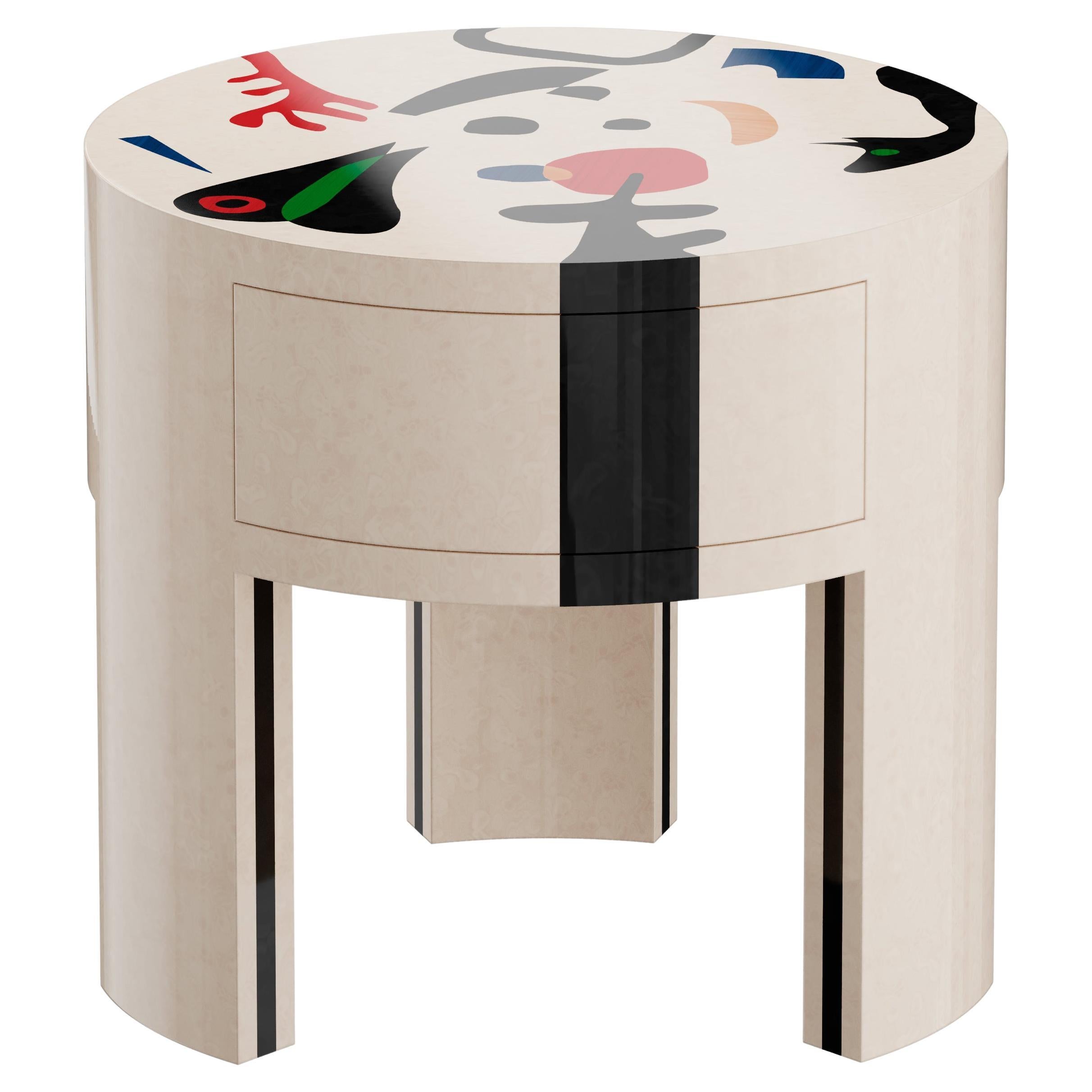 Modern Round Nighstand Bedside Table Surrealist Miró Print White Wood Marquetry