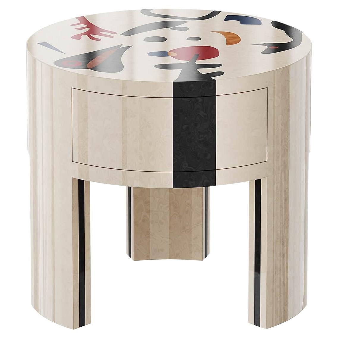 Minimalist Modern Round Nightstand Surrealist Print White Wood Bedside Table For Sale