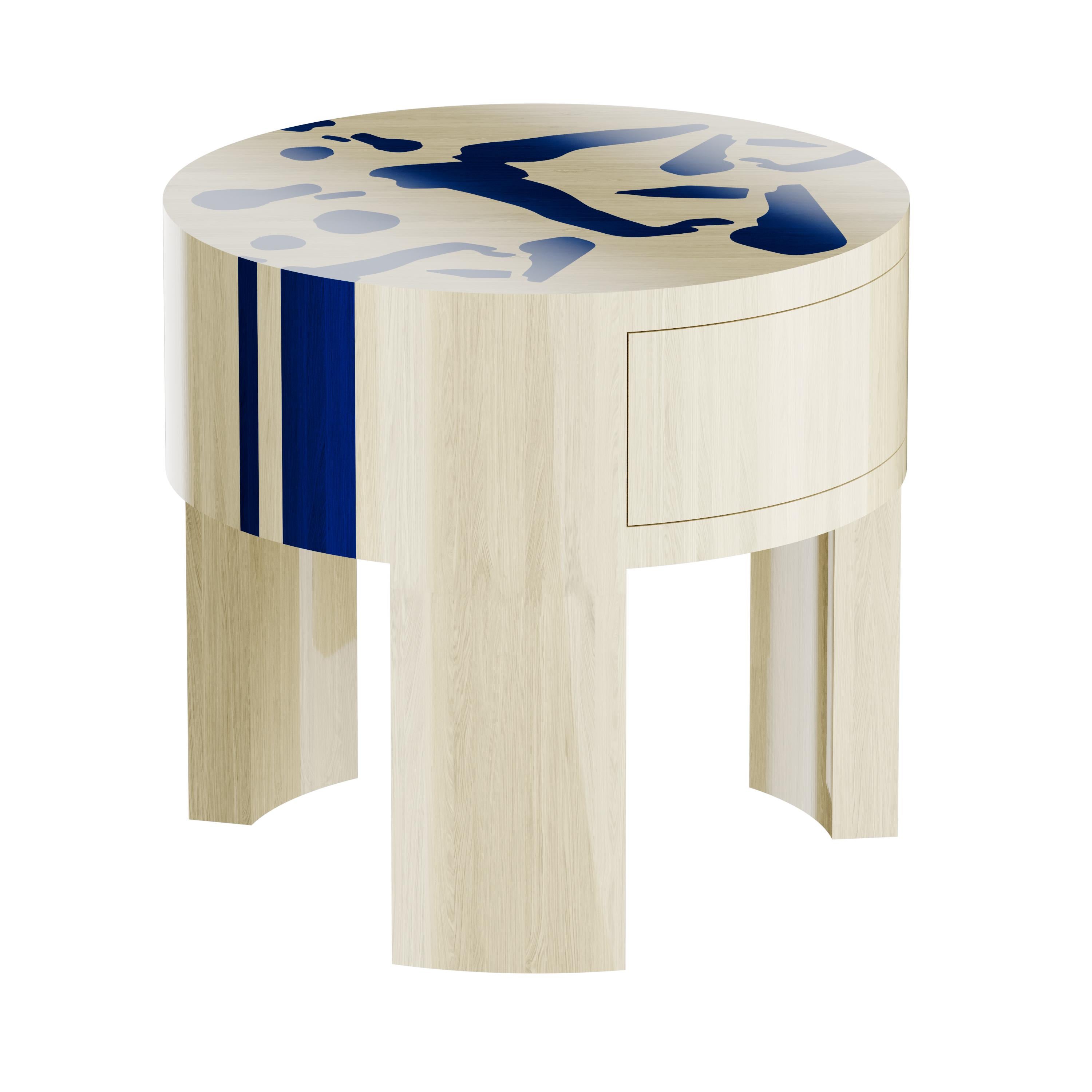 Portuguese Minimal Modern Round Nightstand Bedside Table Wood One Drawer For Sale