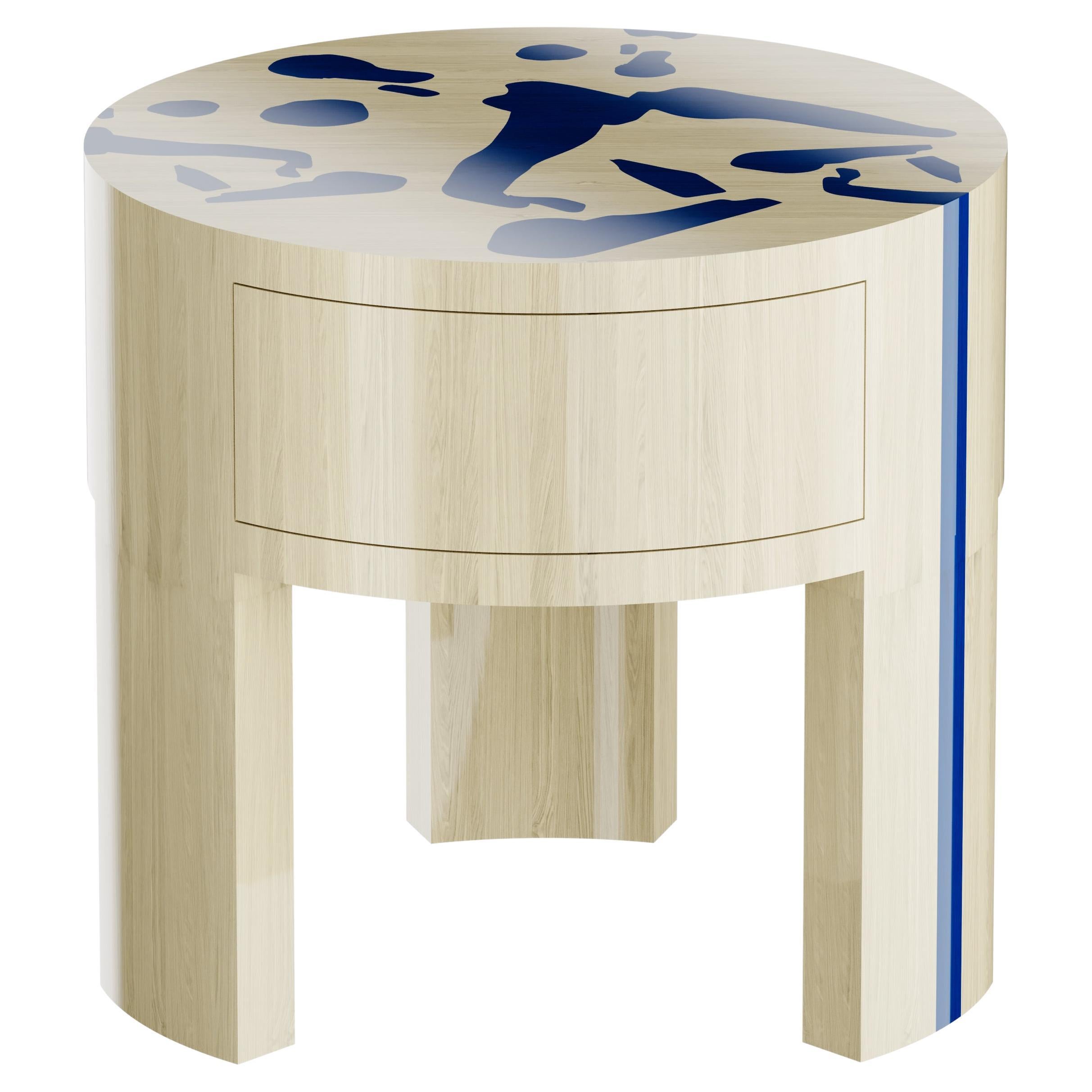Modern Round Nighstand Bedside Table Yves Klein Blue White Wood Marquetry