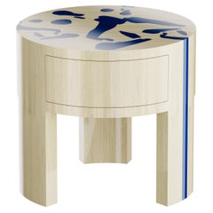 Minimal Modern Round Nighstand Bedside Table Klein Blue & White Wood One Drawer